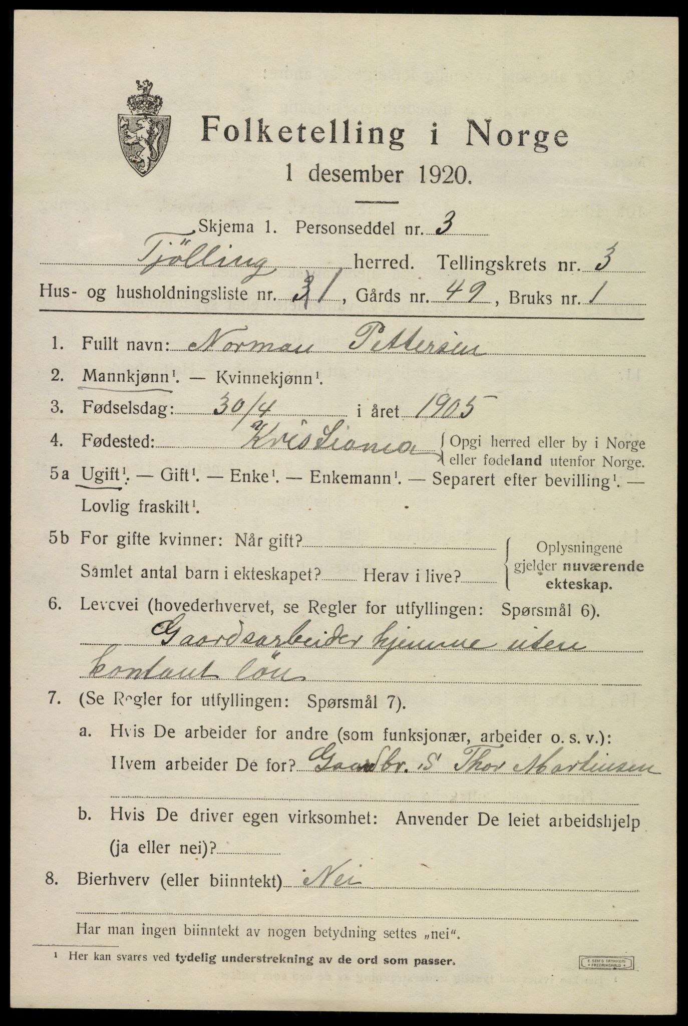 SAKO, 1920 census for Tjølling, 1920, p. 6931