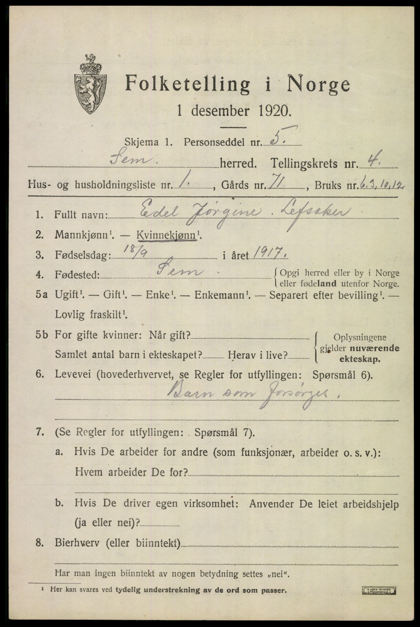 SAKO, 1920 census for Sem, 1920, p. 7079