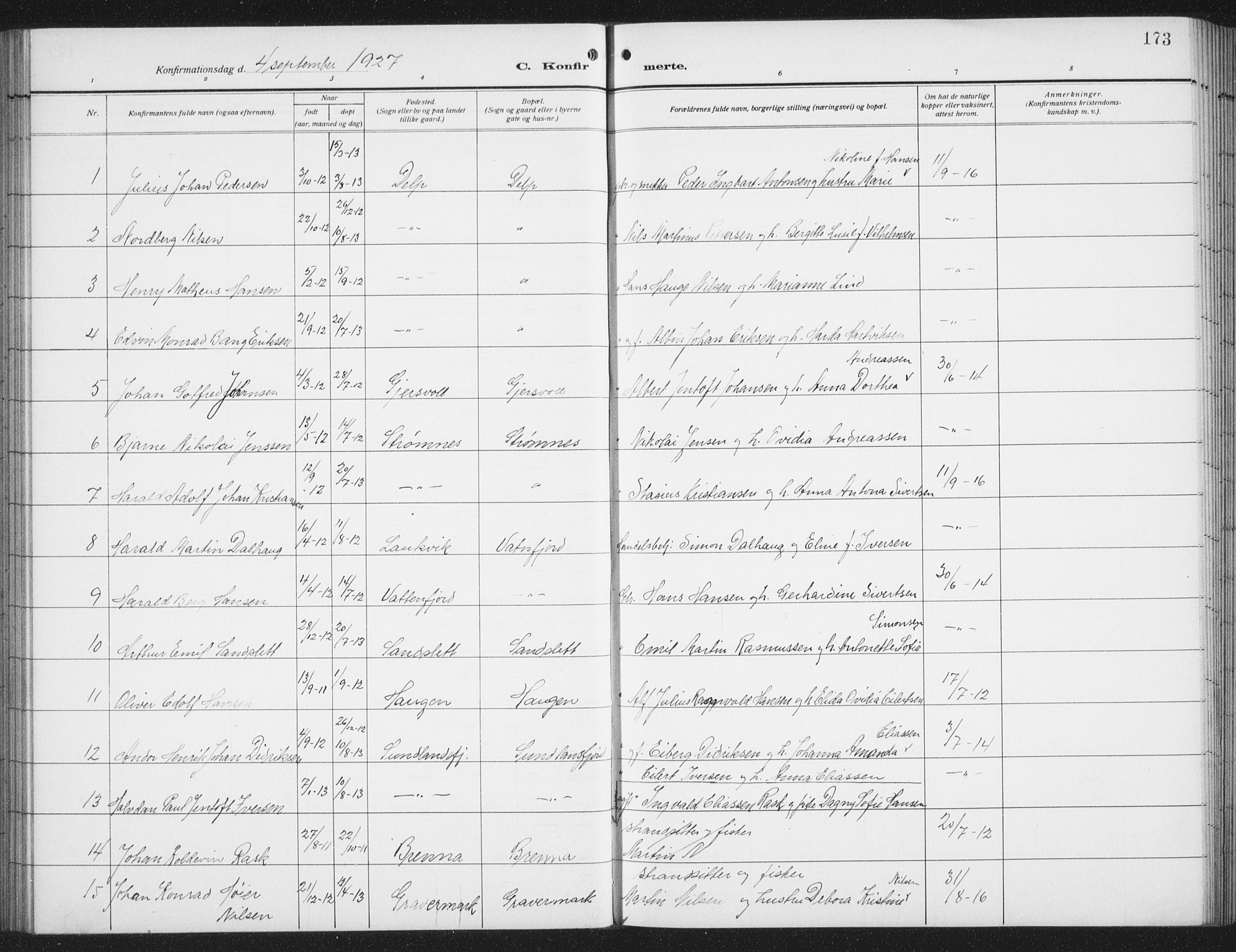 Ministerialprotokoller, klokkerbøker og fødselsregistre - Nordland, SAT/A-1459/876/L1106: Parish register (copy) no. 876C05, 1915-1942, p. 173
