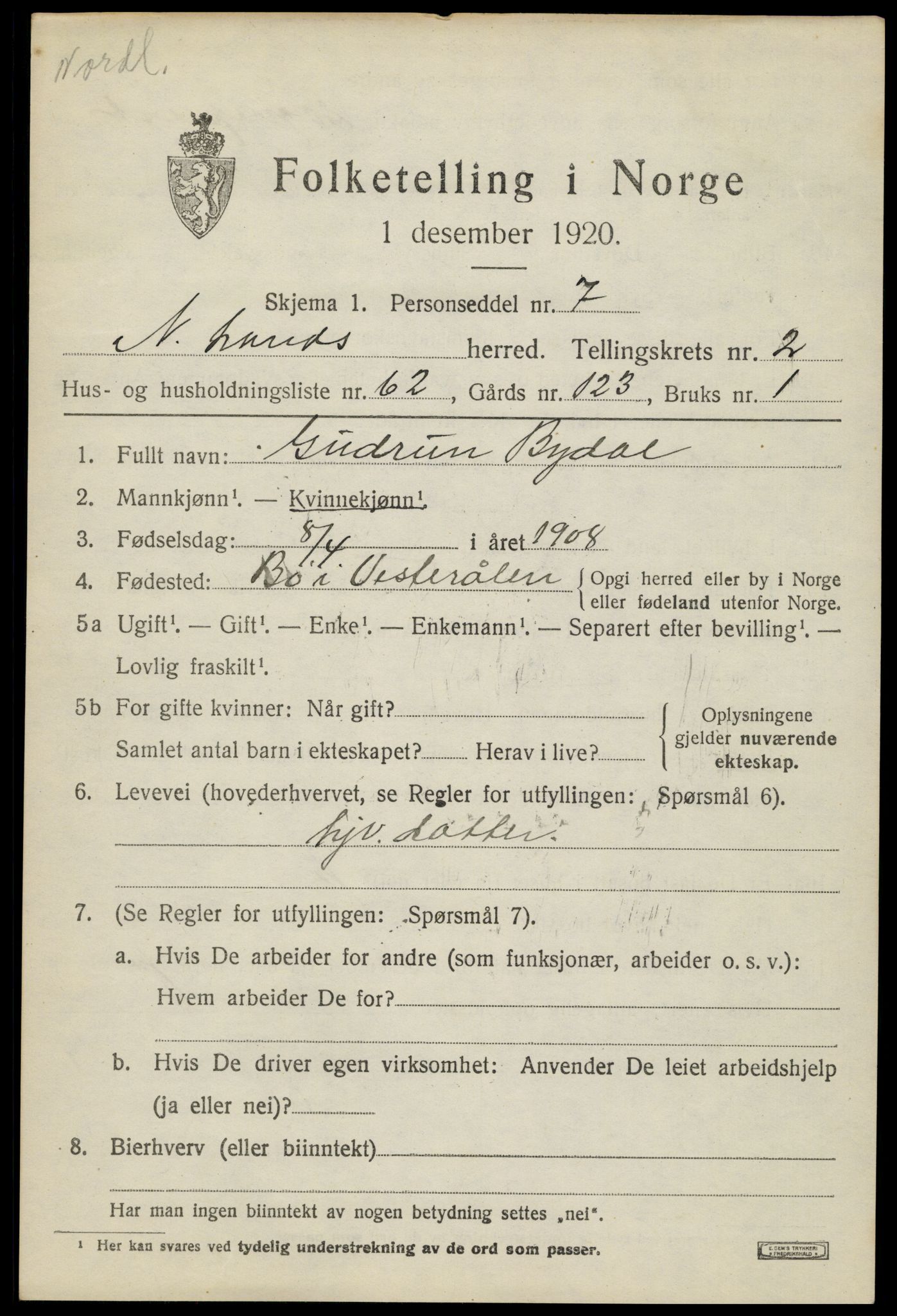 SAH, 1920 census for Nordre Land, 1920, p. 2240