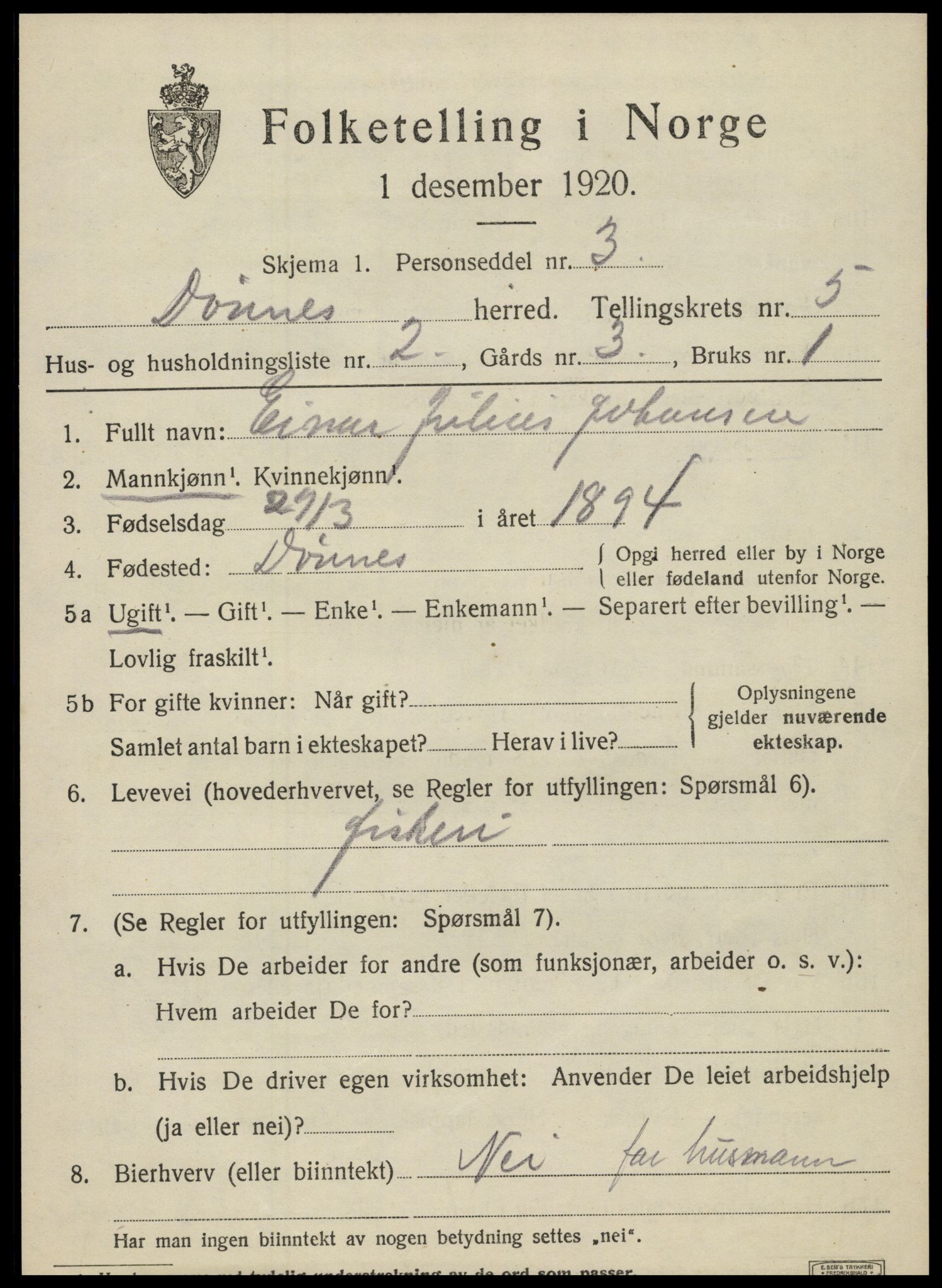 SAT, 1920 census for Dønnes, 1920, p. 2894