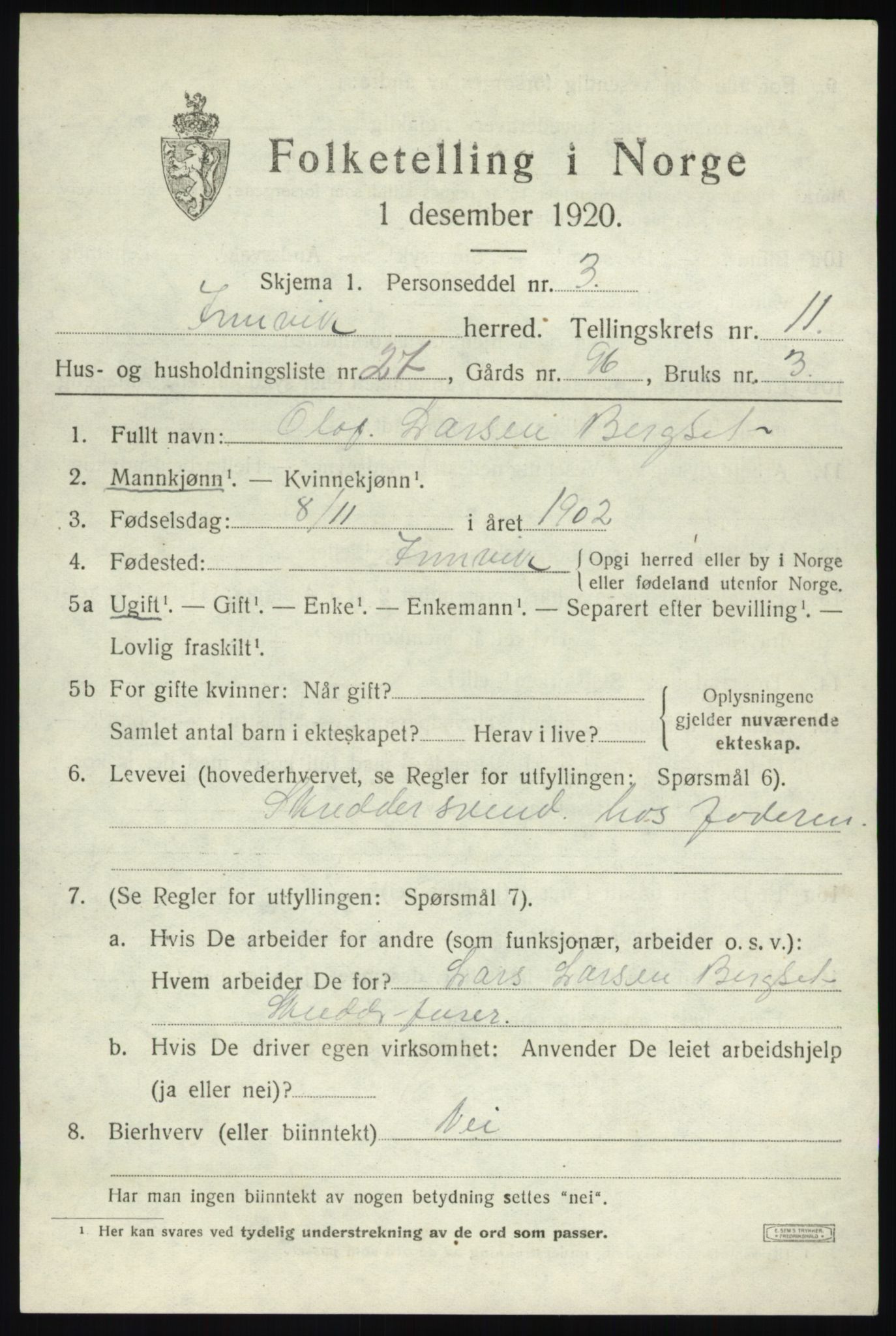 SAB, 1920 census for Innvik, 1920, p. 4869