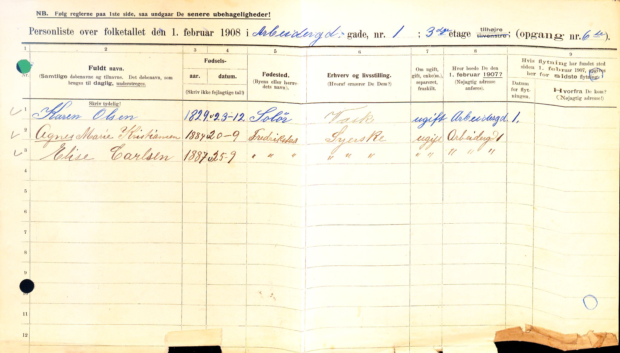 OBA, Municipal Census 1908 for Kristiania, 1908, p. 1656