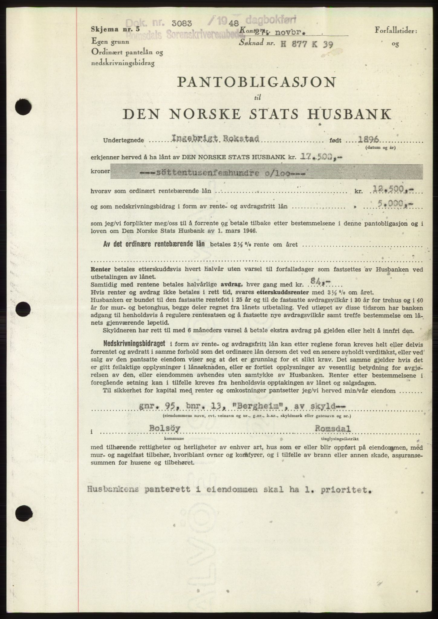 Romsdal sorenskriveri, AV/SAT-A-4149/1/2/2C: Mortgage book no. B4, 1948-1949, Diary no: : 3083/1948