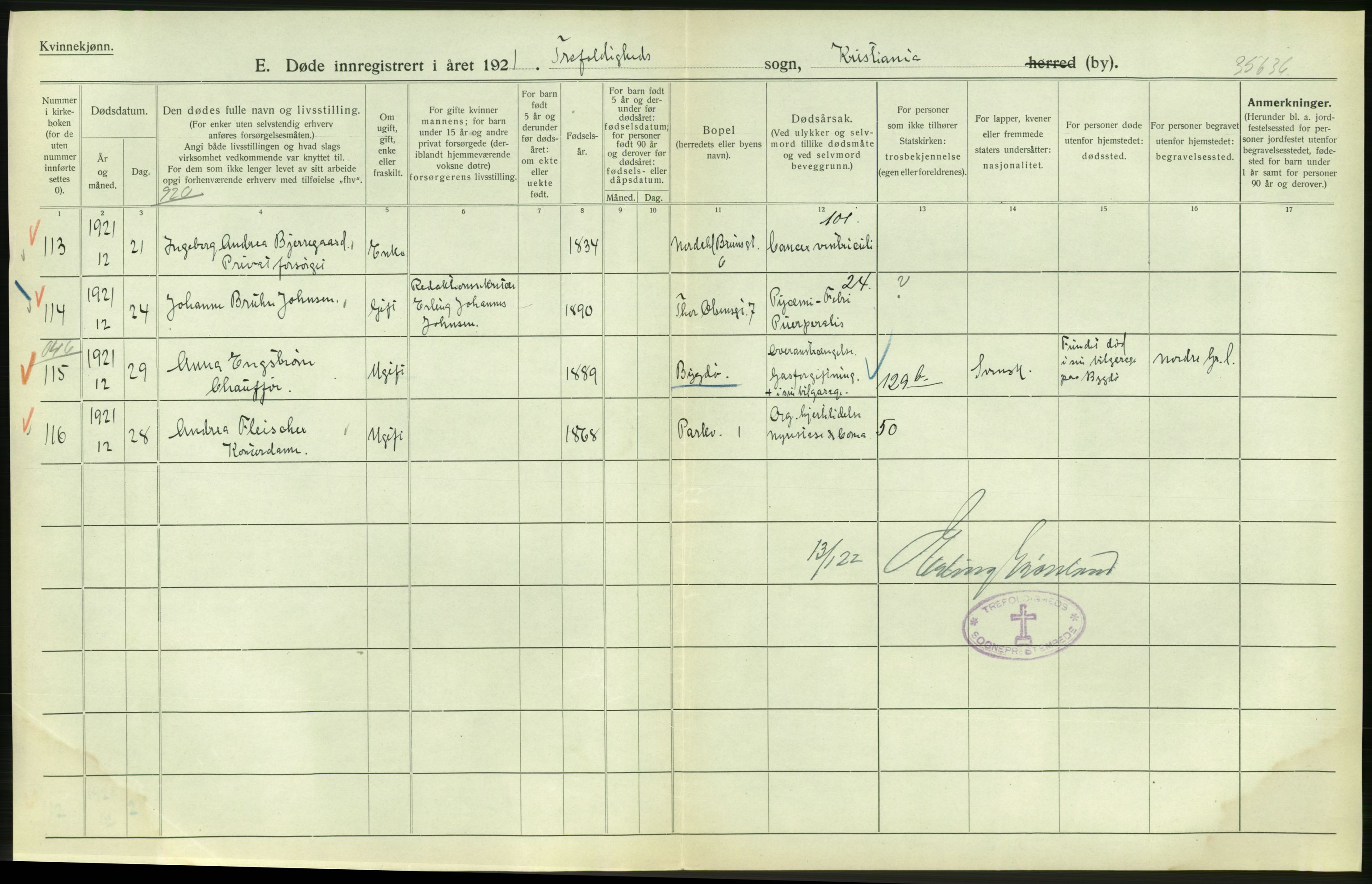 Statistisk sentralbyrå, Sosiodemografiske emner, Befolkning, AV/RA-S-2228/D/Df/Dfc/Dfca/L0012: Kristiania: Døde, 1921, p. 532