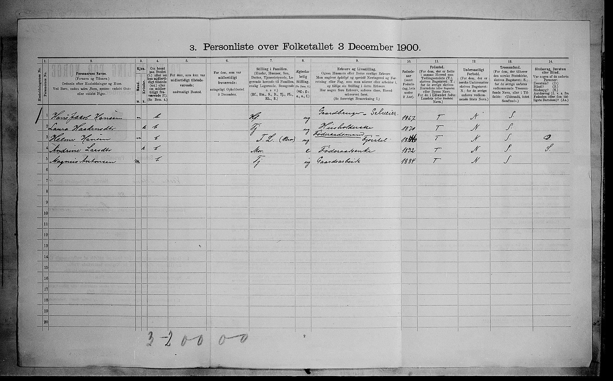 SAH, 1900 census for Vestre Toten, 1900, p. 1213
