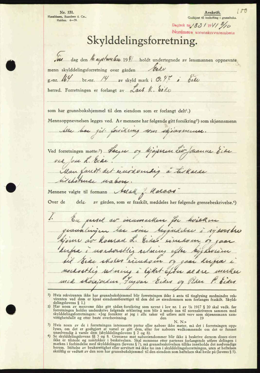 Nordmøre sorenskriveri, AV/SAT-A-4132/1/2/2Ca: Mortgage book no. A91, 1941-1942, Diary no: : 1831/1941