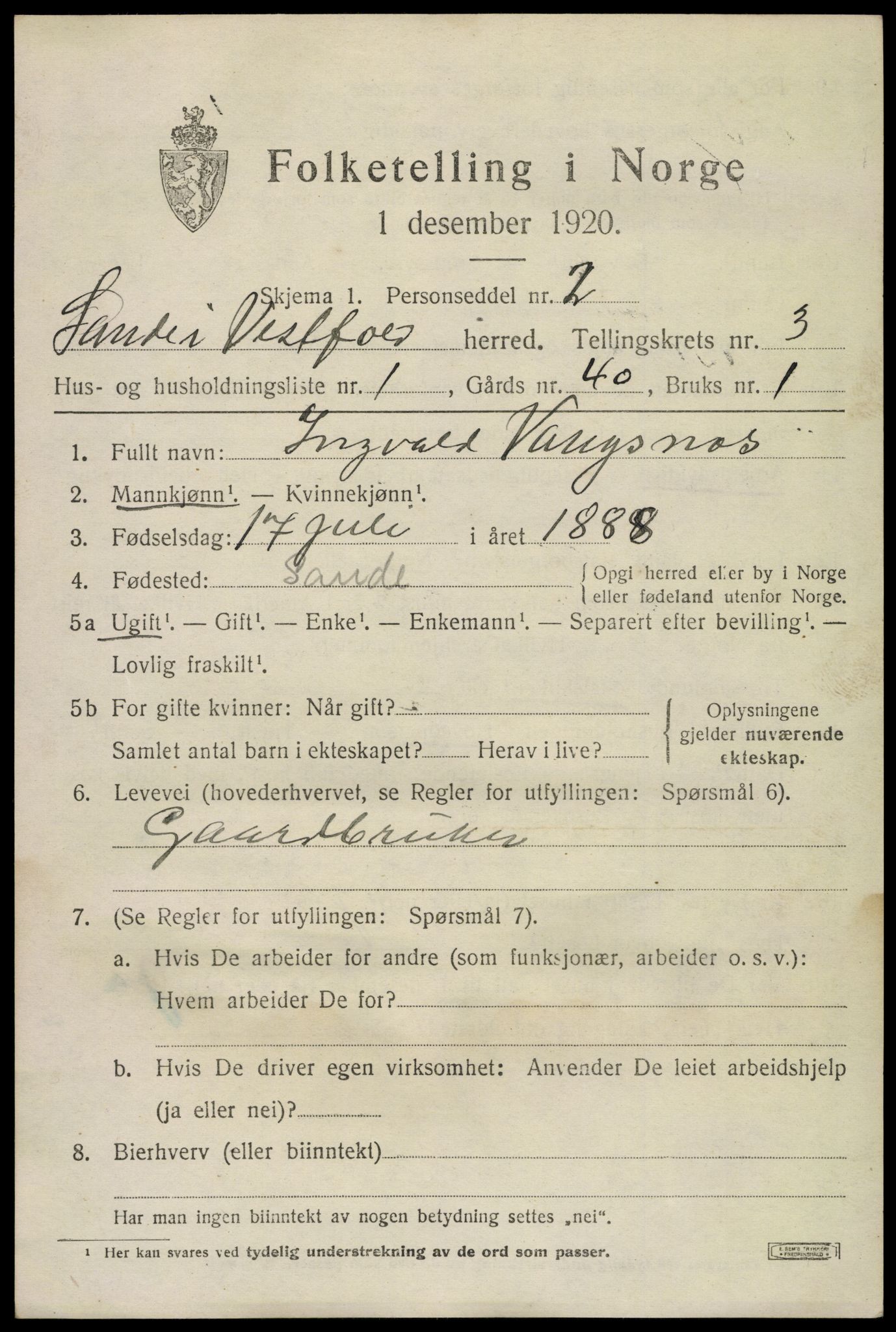 SAKO, 1920 census for Sande, 1920, p. 4052