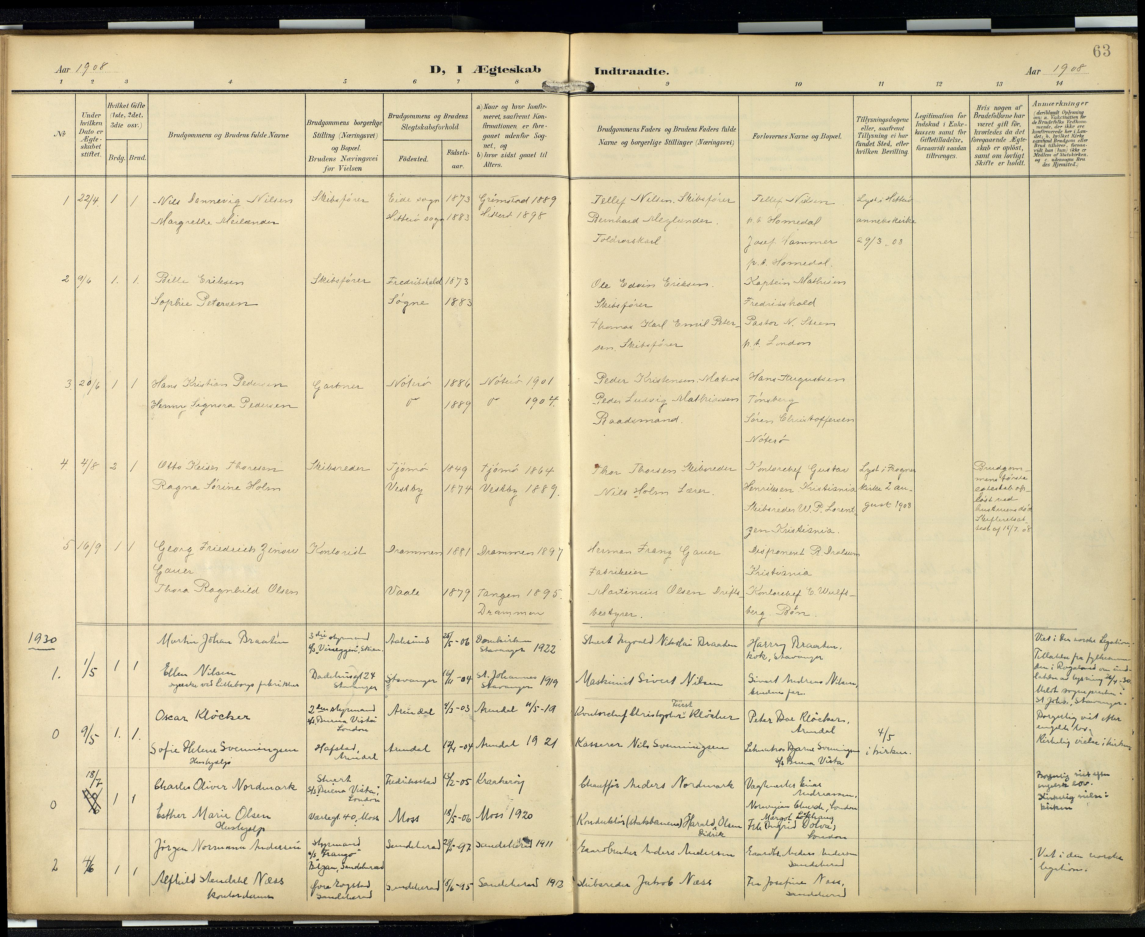 Den norske sjømannsmisjon i utlandet/London m/bistasjoner, SAB/SAB/PA-0103/H/Ha/L0003: Parish register (official) no. A 3, 1903-1934, p. 62b-63a
