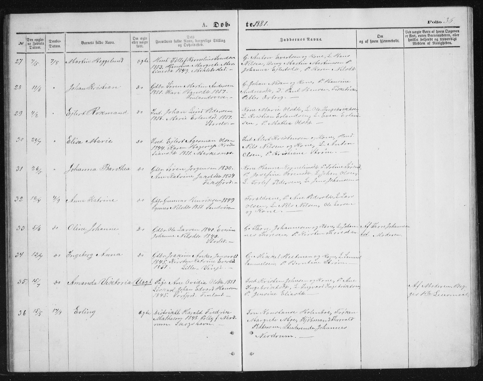 Tranøy sokneprestkontor, AV/SATØ-S-1313/I/Ia/Iab/L0013klokker: Parish register (copy) no. 13, 1874-1896, p. 36