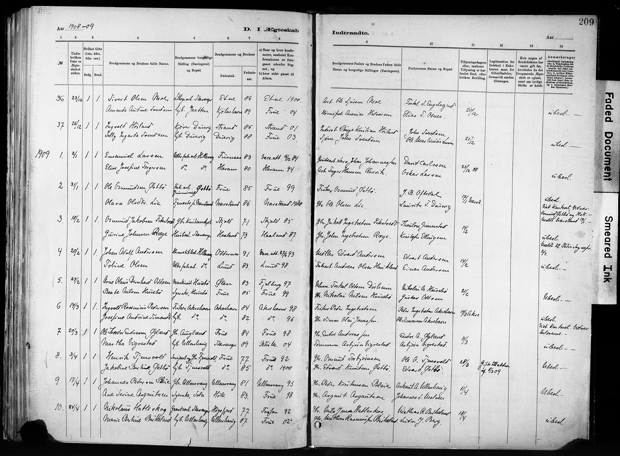 Hetland sokneprestkontor, SAST/A-101826/30/30BA/L0011: Parish register (official) no. A 11, 1884-1911, p. 209
