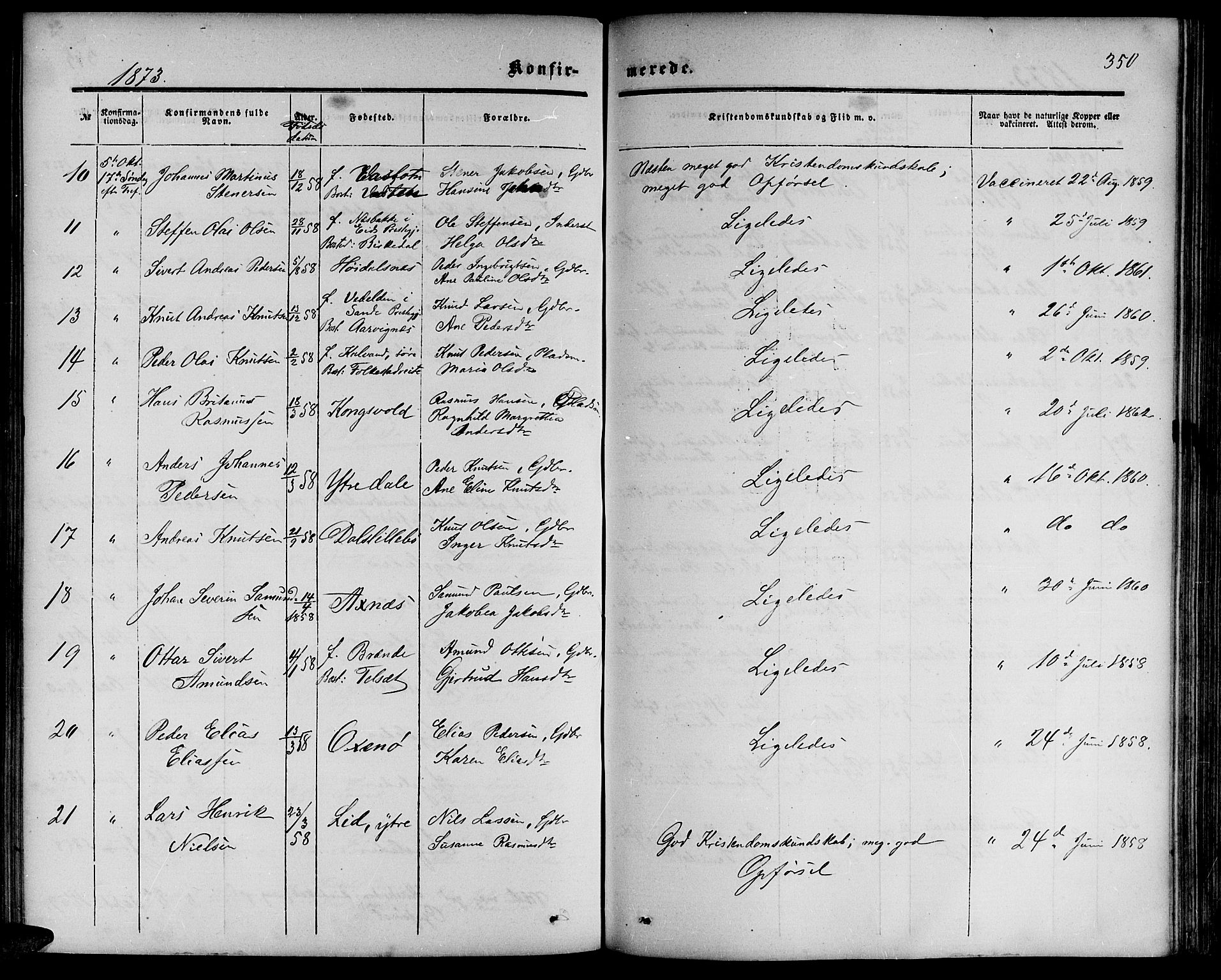 Ministerialprotokoller, klokkerbøker og fødselsregistre - Møre og Romsdal, SAT/A-1454/511/L0157: Parish register (copy) no. 511C03, 1864-1884, p. 350