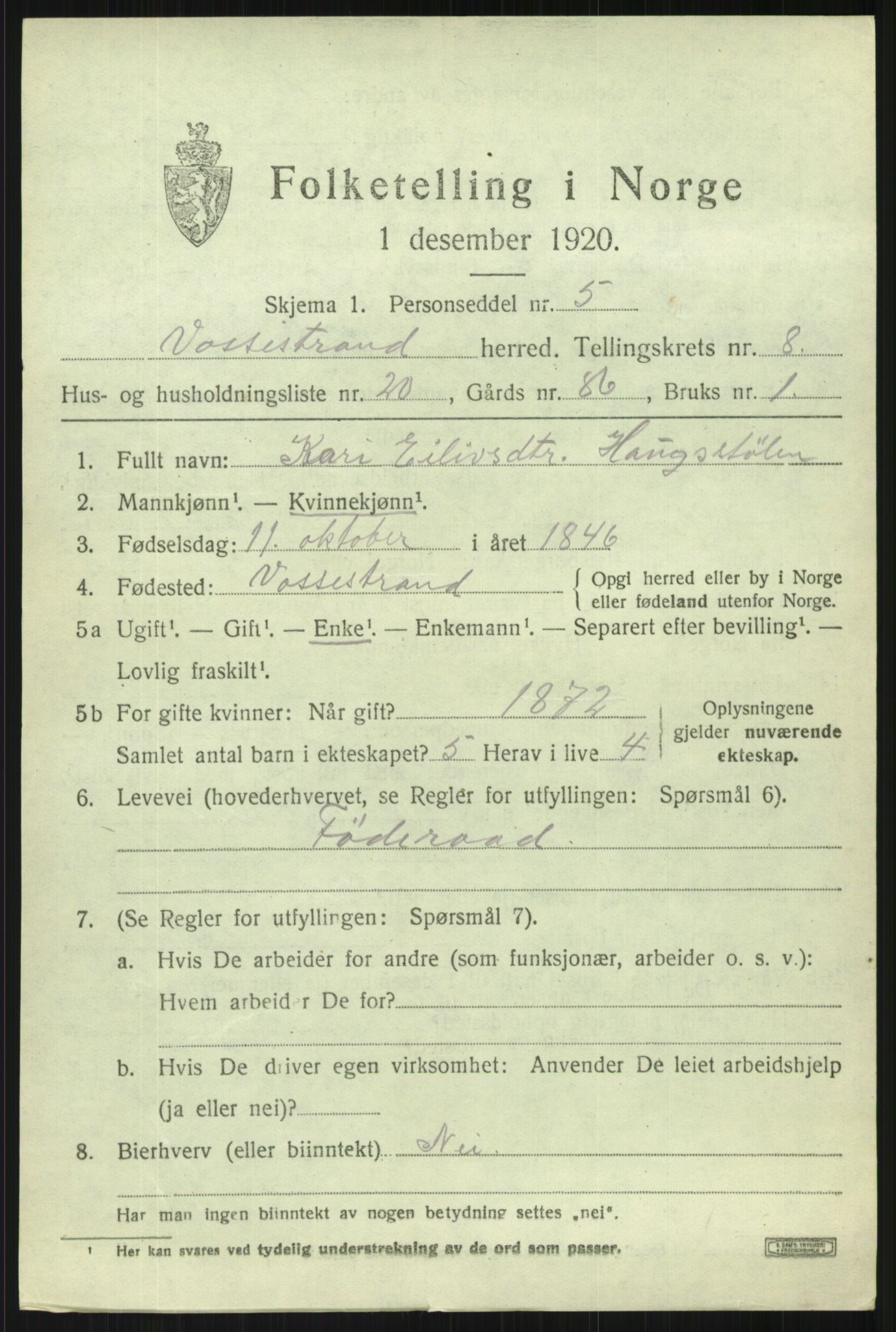 SAB, 1920 census for Vossestrand, 1920, p. 3898