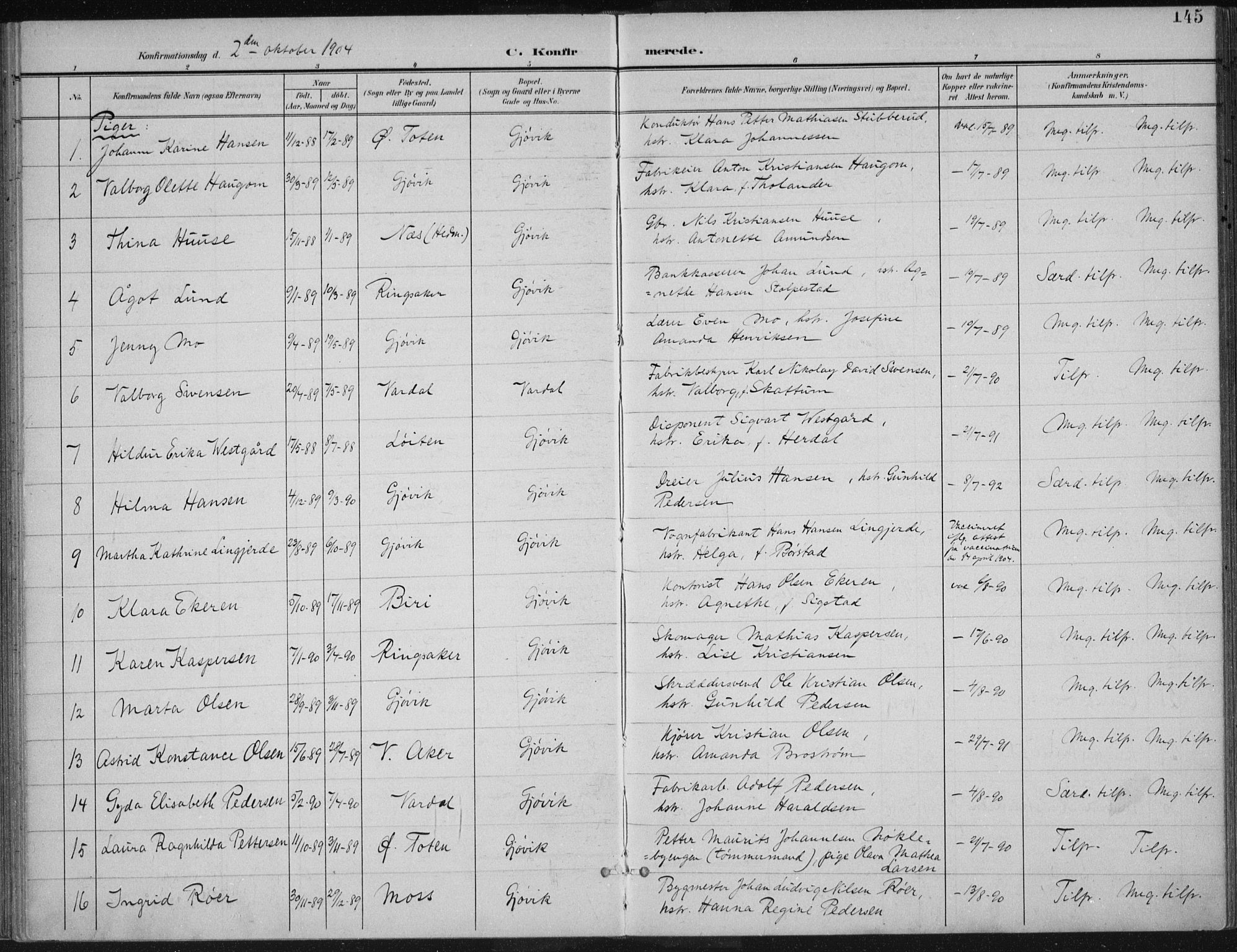 Vardal prestekontor, SAH/PREST-100/H/Ha/Haa/L0013: Parish register (official) no. 13, 1901-1911, p. 145
