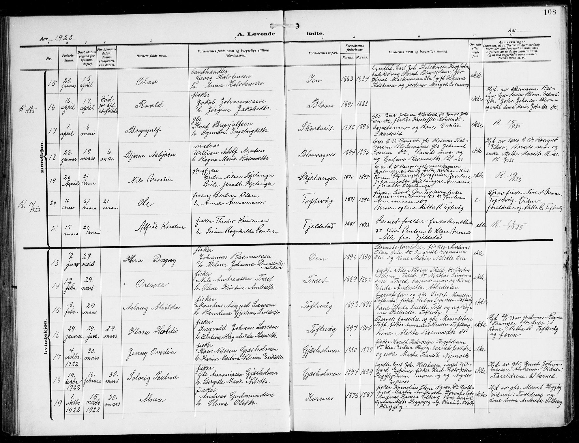 Herdla Sokneprestembete, AV/SAB-A-75701/H/Hab: Parish register (copy) no. C 2, 1913-1926, p. 108