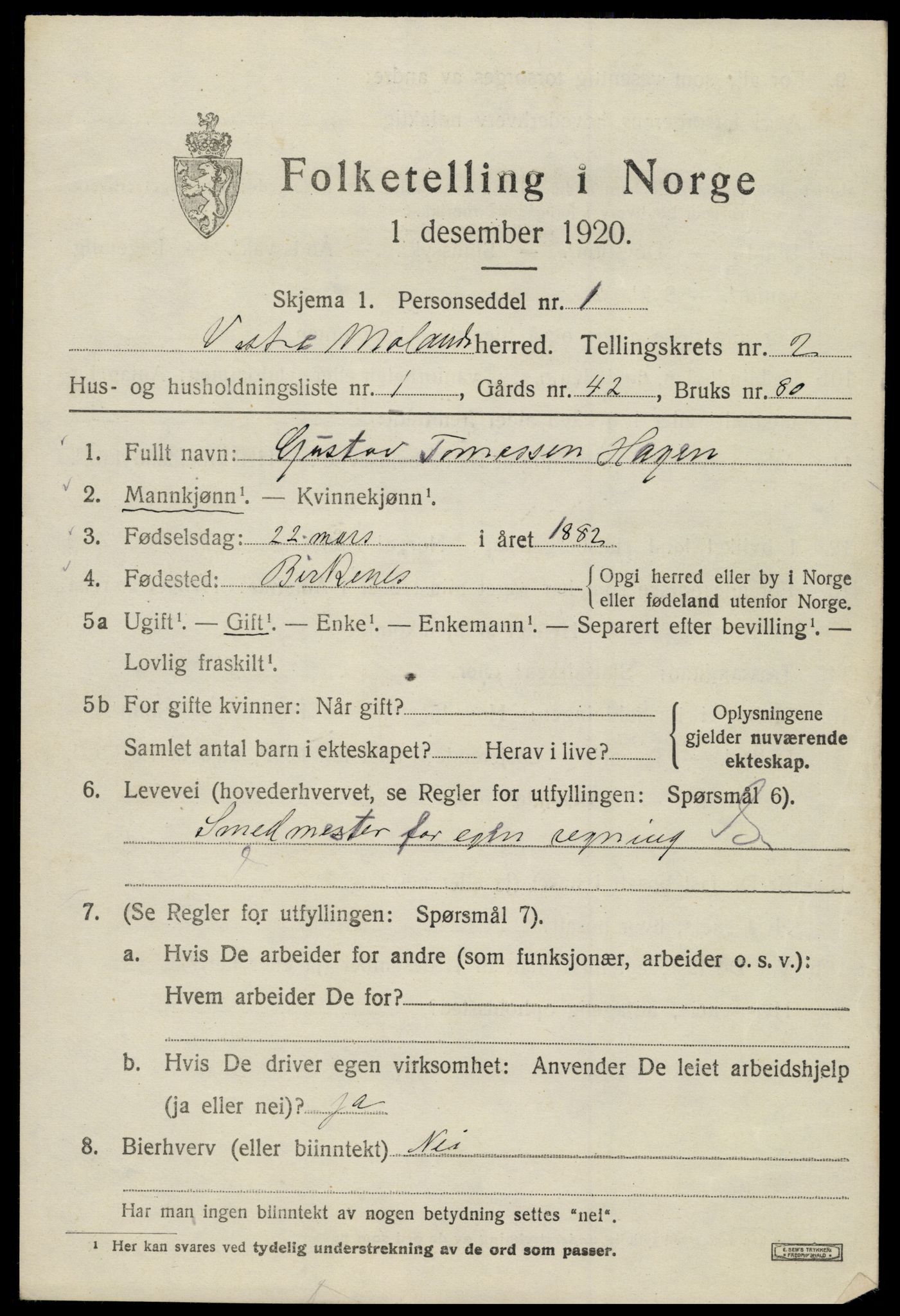 SAK, 1920 census for Vestre Moland, 1920, p. 2259