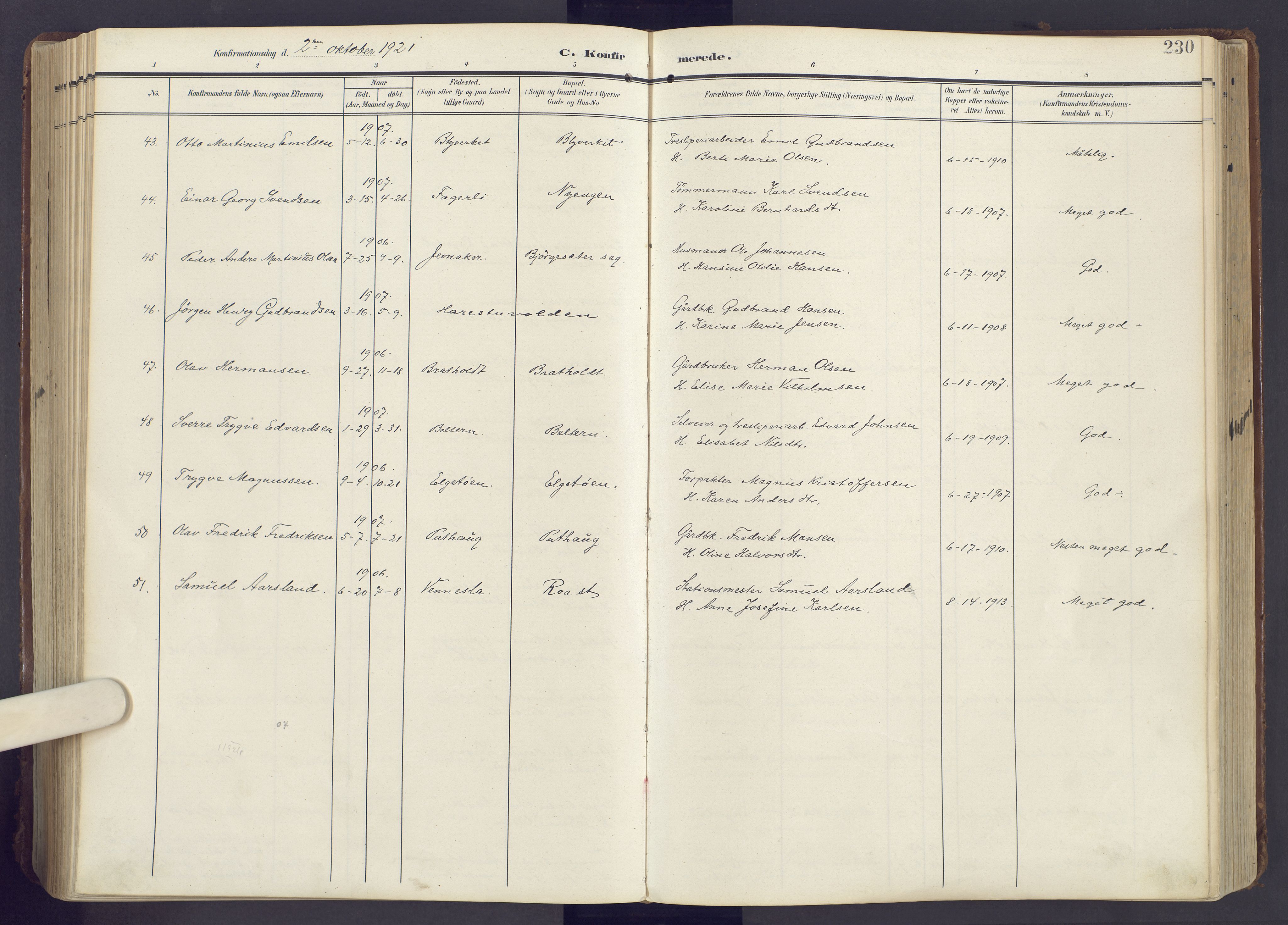 Lunner prestekontor, AV/SAH-PREST-118/H/Ha/Haa/L0001: Parish register (official) no. 1, 1907-1922, p. 230