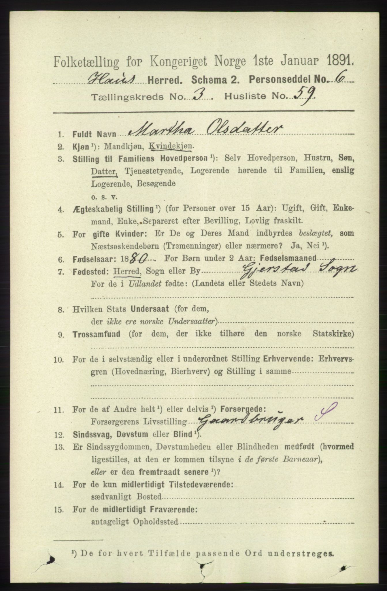 RA, 1891 census for 1250 Haus, 1891, p. 1334