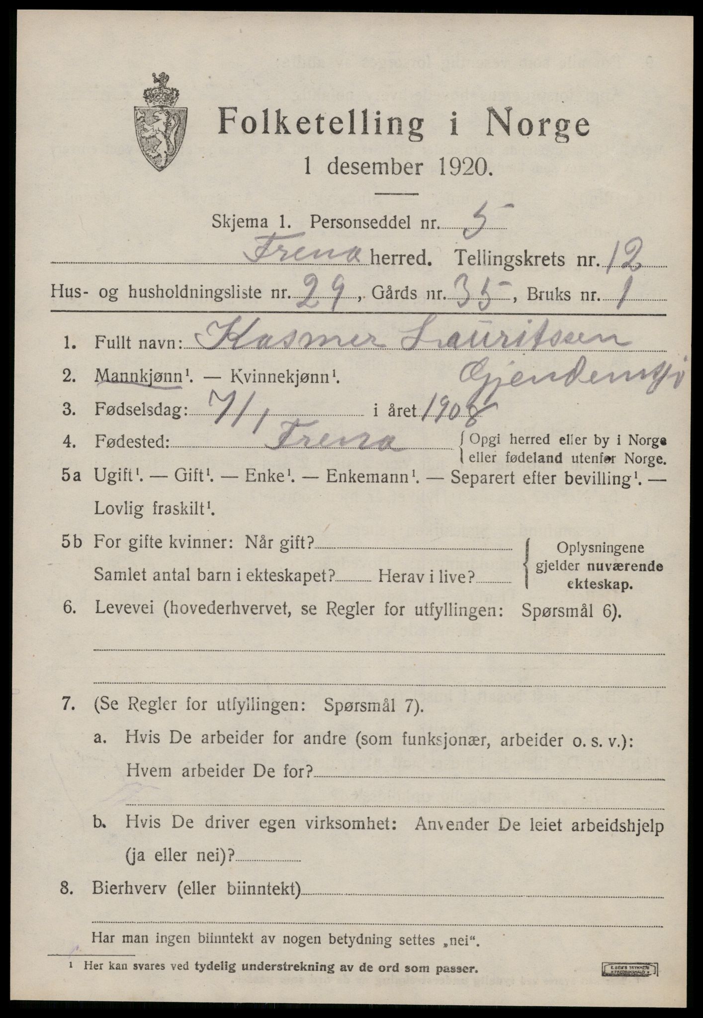SAT, 1920 census for Fræna, 1920, p. 6799