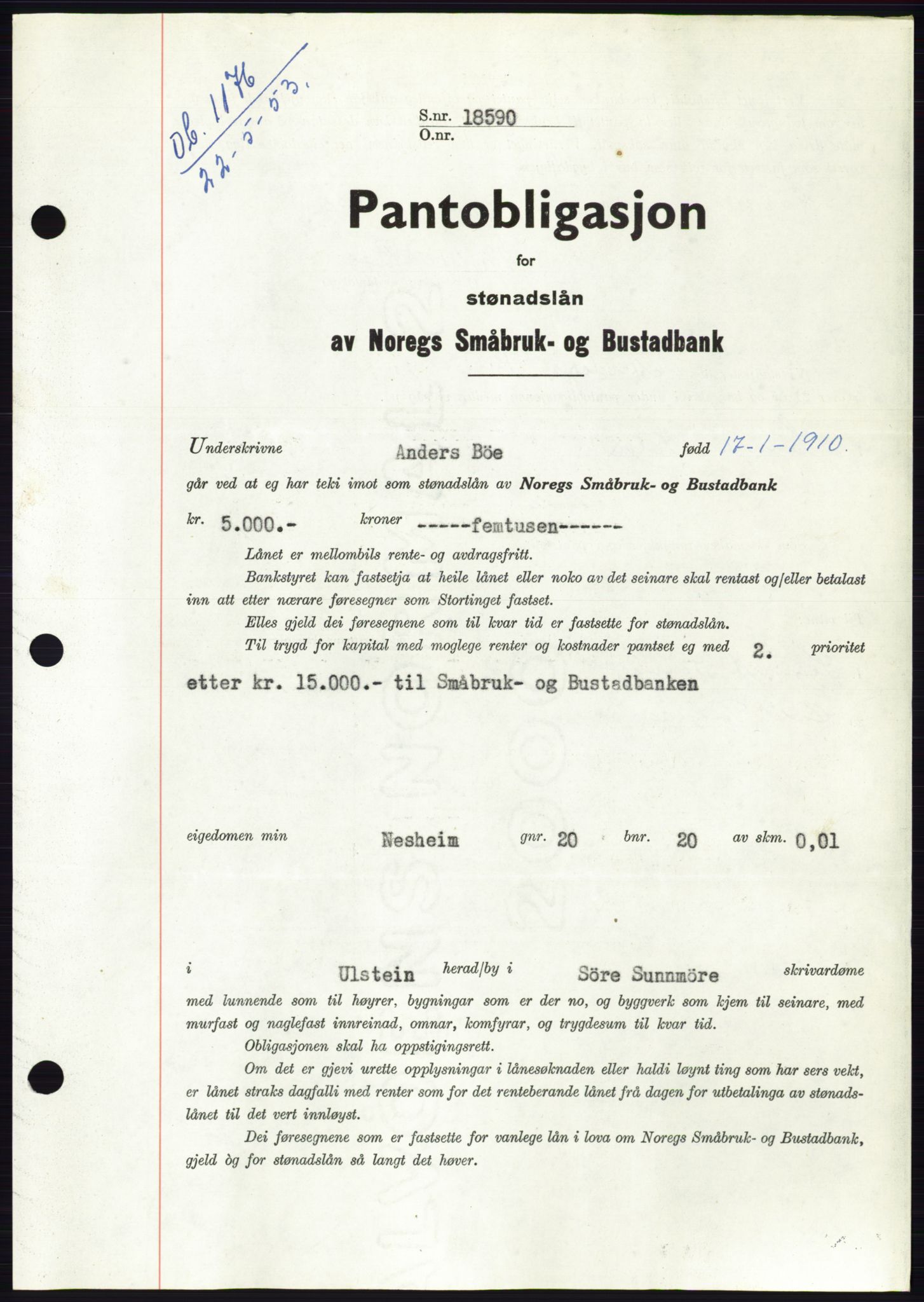 Søre Sunnmøre sorenskriveri, AV/SAT-A-4122/1/2/2C/L0123: Mortgage book no. 11B, 1953-1953, Diary no: : 1176/1953