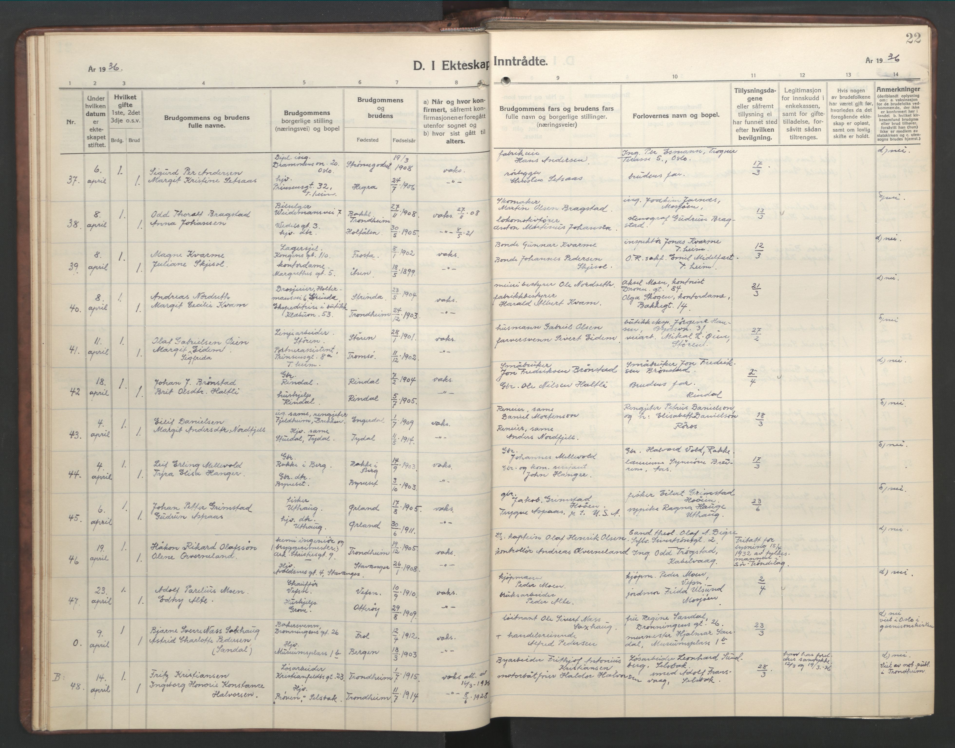 Ministerialprotokoller, klokkerbøker og fødselsregistre - Sør-Trøndelag, AV/SAT-A-1456/601/L0101: Parish register (copy) no. 601C19, 1935-1946, p. 22