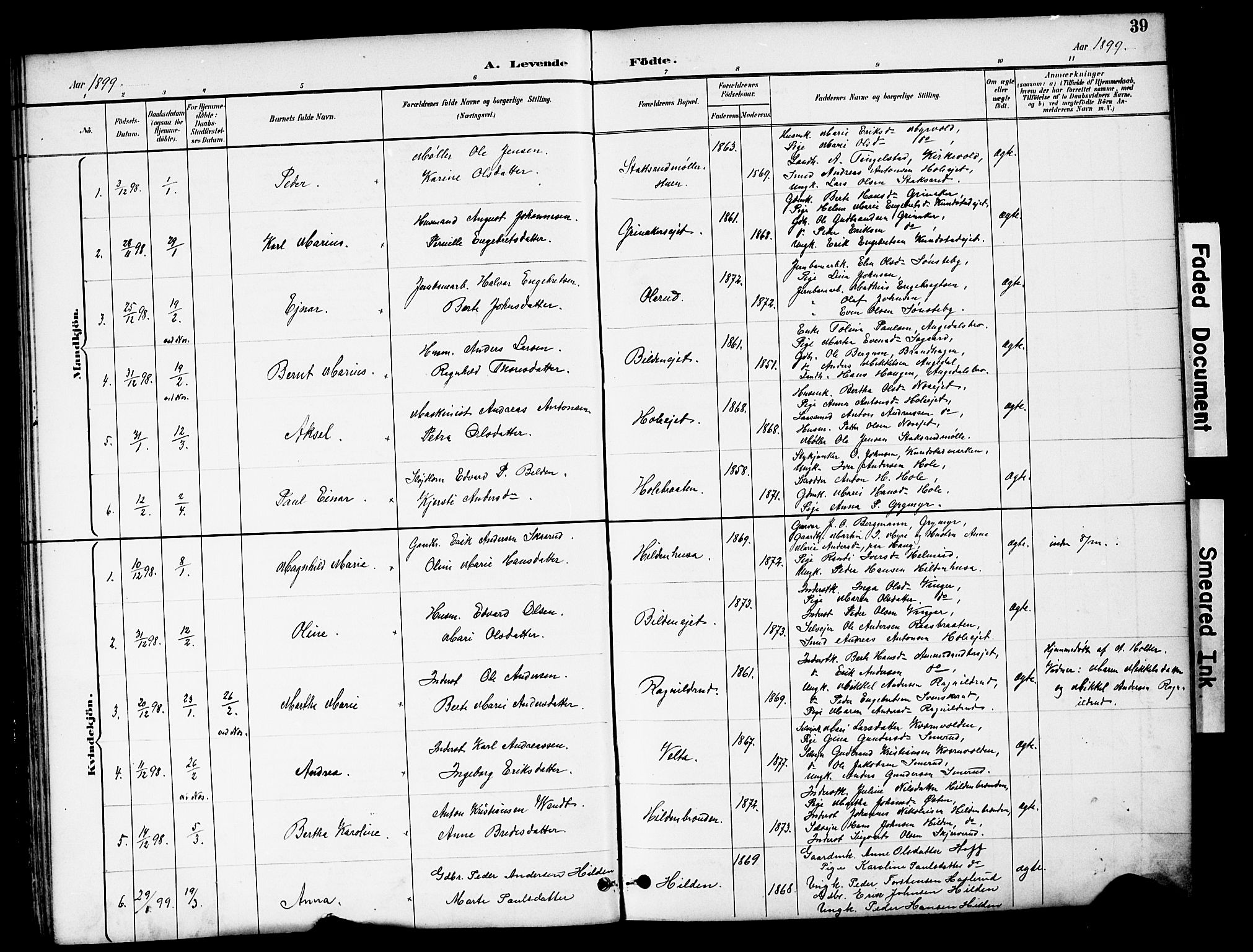 Brandbu prestekontor, SAH/PREST-114/H/Ha/Hab/L0006: Parish register (copy) no. 6, 1893-1902, p. 39
