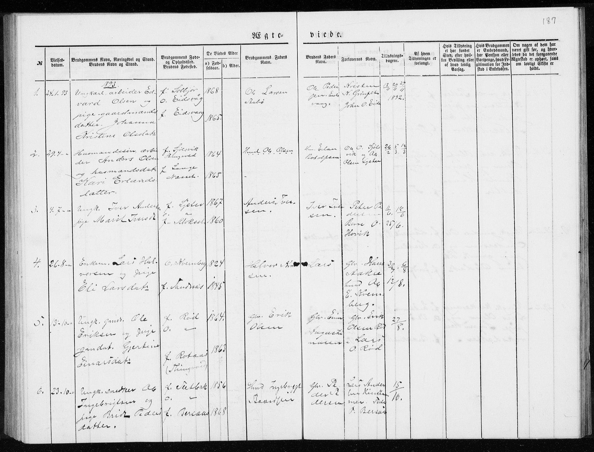 Ministerialprotokoller, klokkerbøker og fødselsregistre - Møre og Romsdal, AV/SAT-A-1454/551/L0631: Parish register (copy) no. 551C03, 1886-1894, p. 187