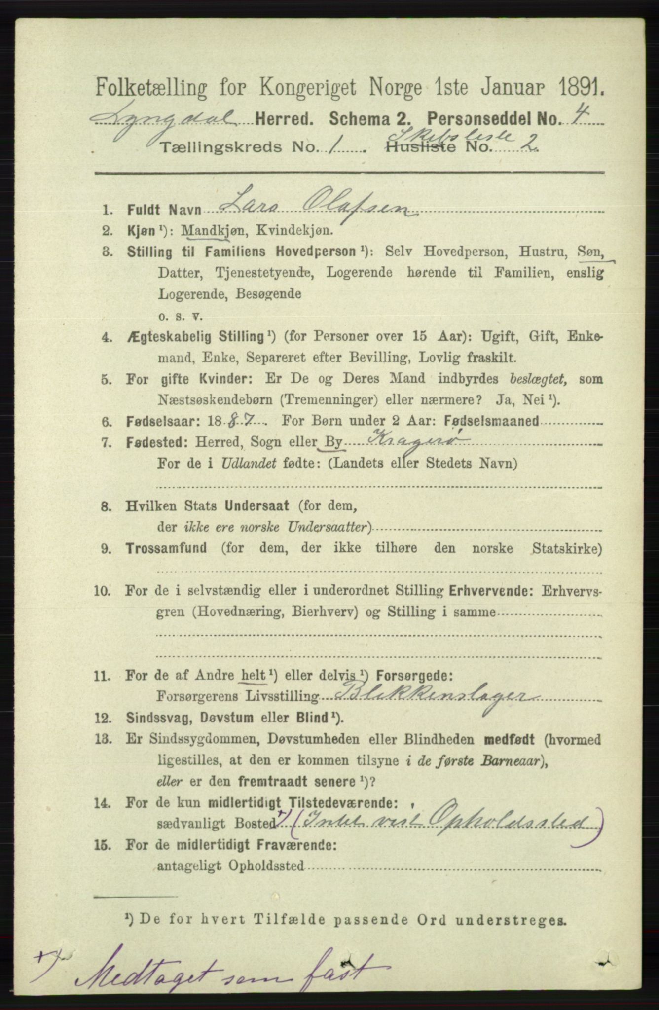 RA, 1891 census for 1032 Lyngdal, 1891, p. 6493