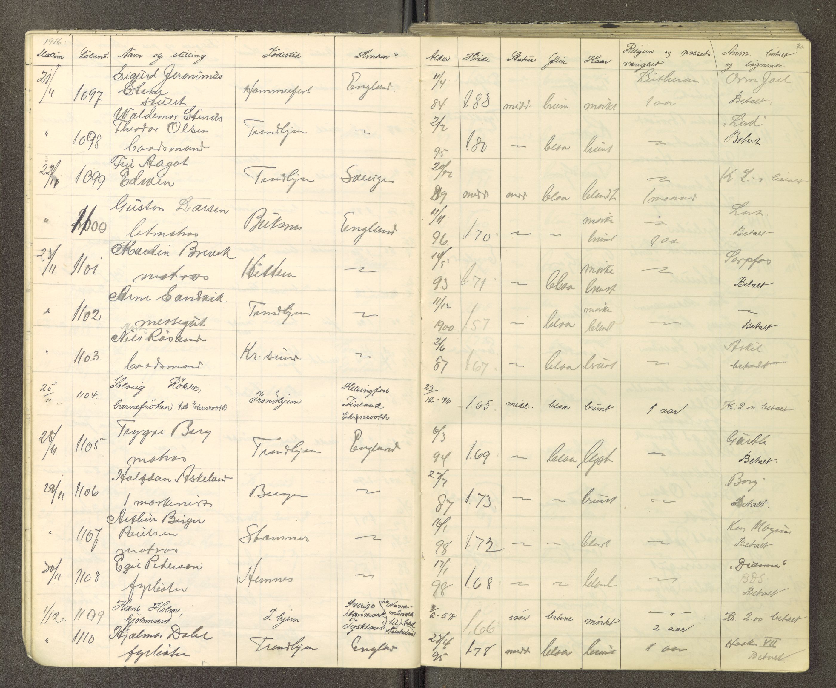 Trondheim politikammer, AV/SAT-A-1887/1/30/L0015: Passprotokoll. Utstedte pass, 1916-1918, p. 30