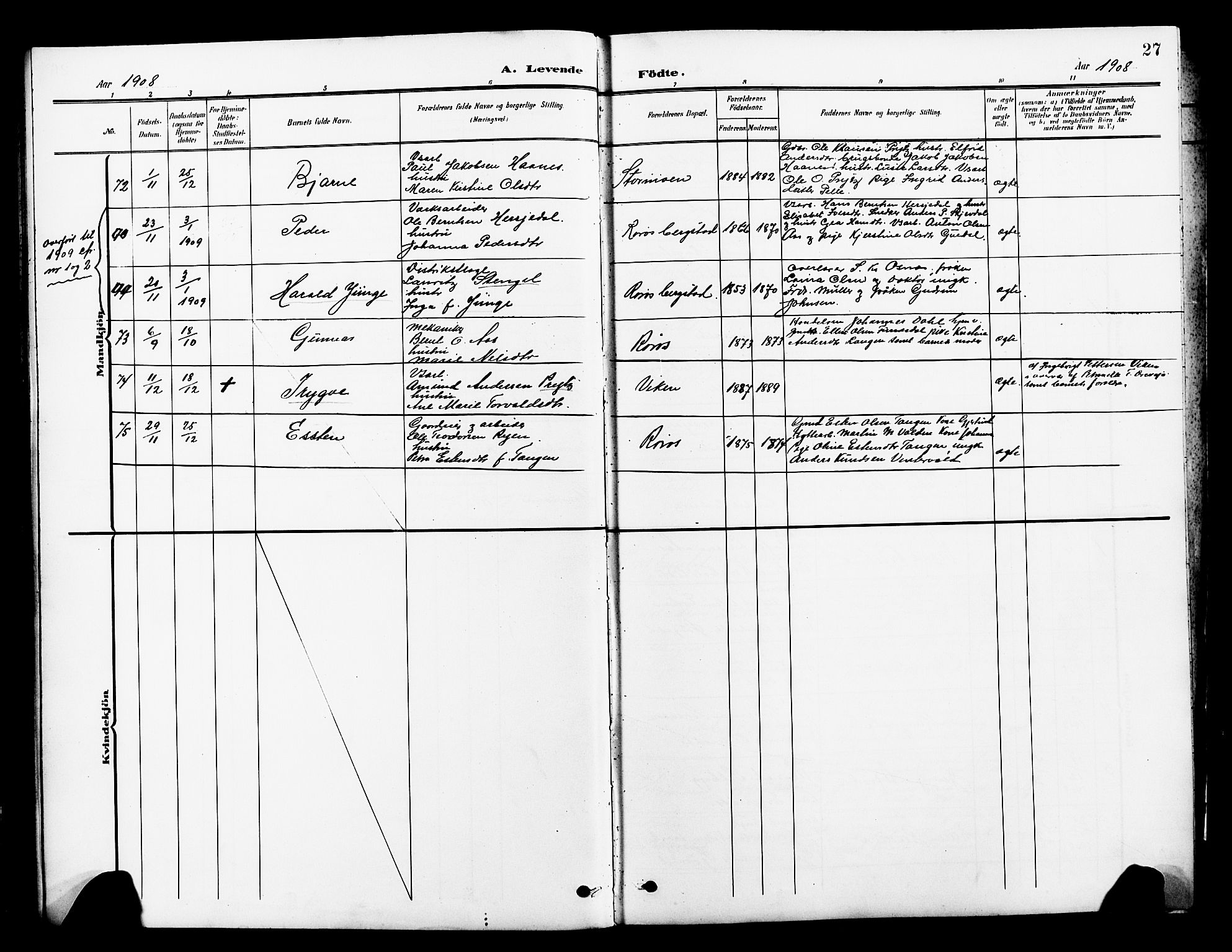 Ministerialprotokoller, klokkerbøker og fødselsregistre - Sør-Trøndelag, SAT/A-1456/681/L0942: Parish register (copy) no. 681C06, 1906-1925, p. 27