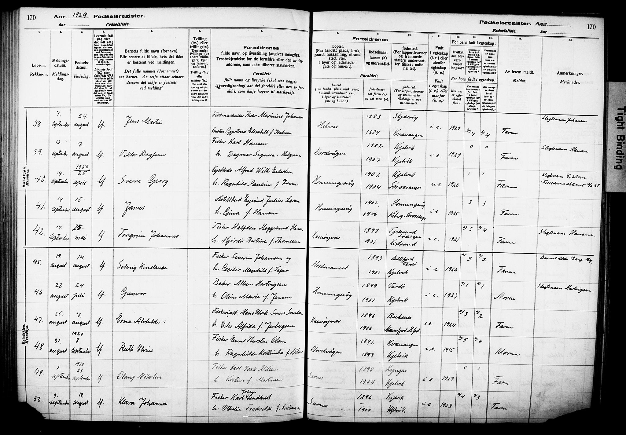 Kjelvik/Nordkapp sokneprestkontor, SATØ/S-1350/I/Ia/L0015: Birth register no. 15, 1916-1930, p. 170