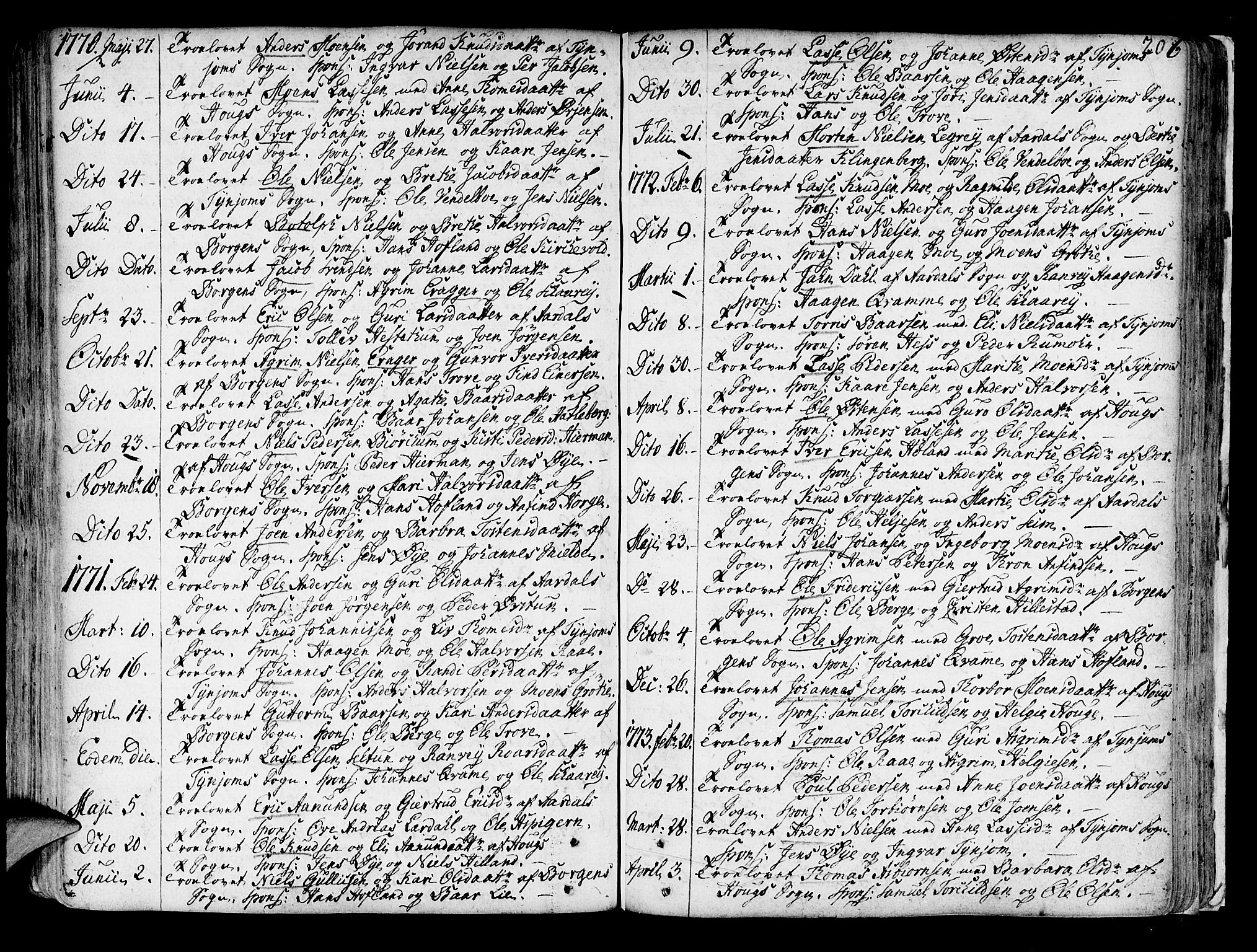 Lærdal sokneprestembete, AV/SAB-A-81201: Parish register (official) no. A 2, 1752-1782, p. 206