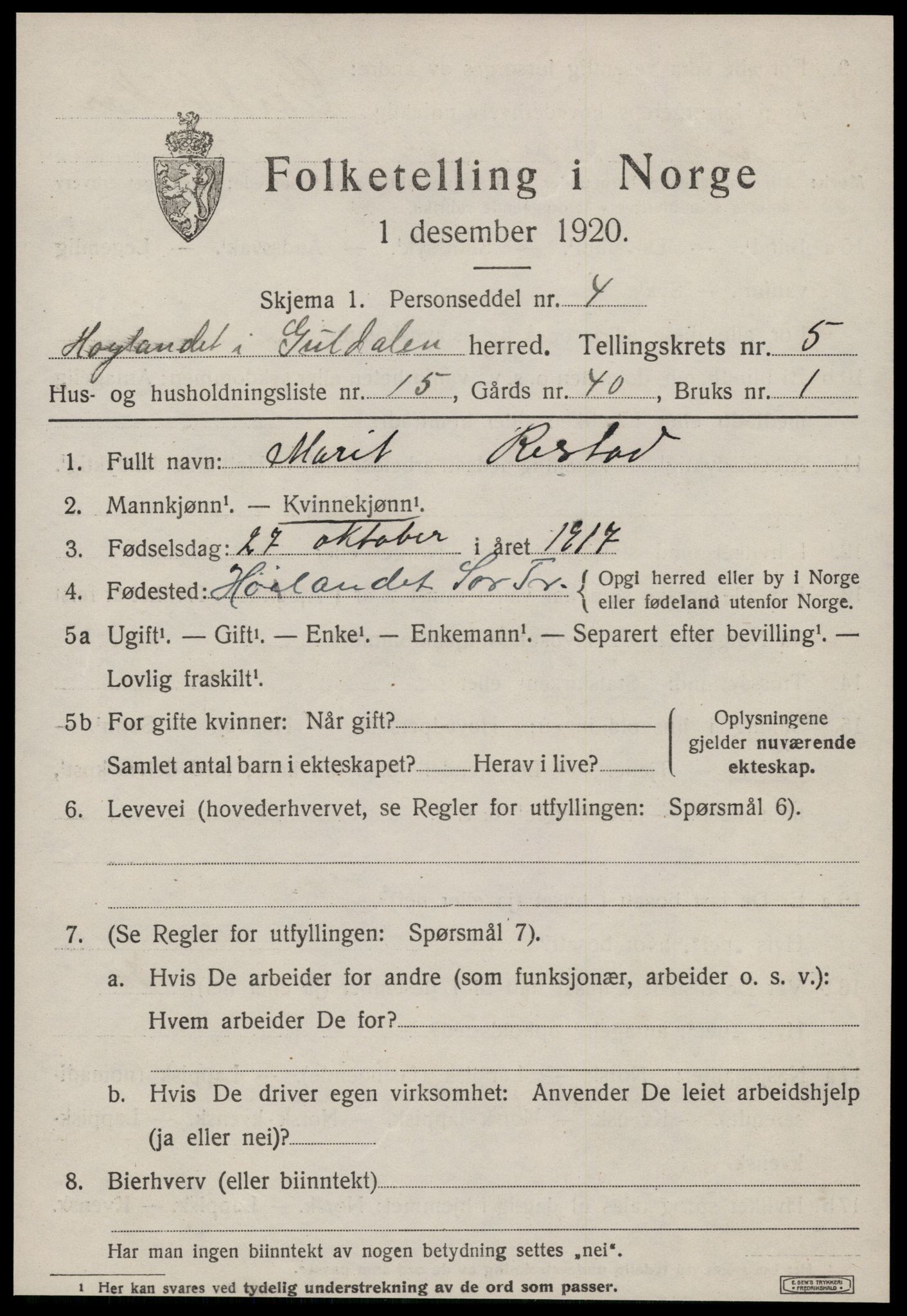 SAT, 1920 census for Hølonda, 1920, p. 2343