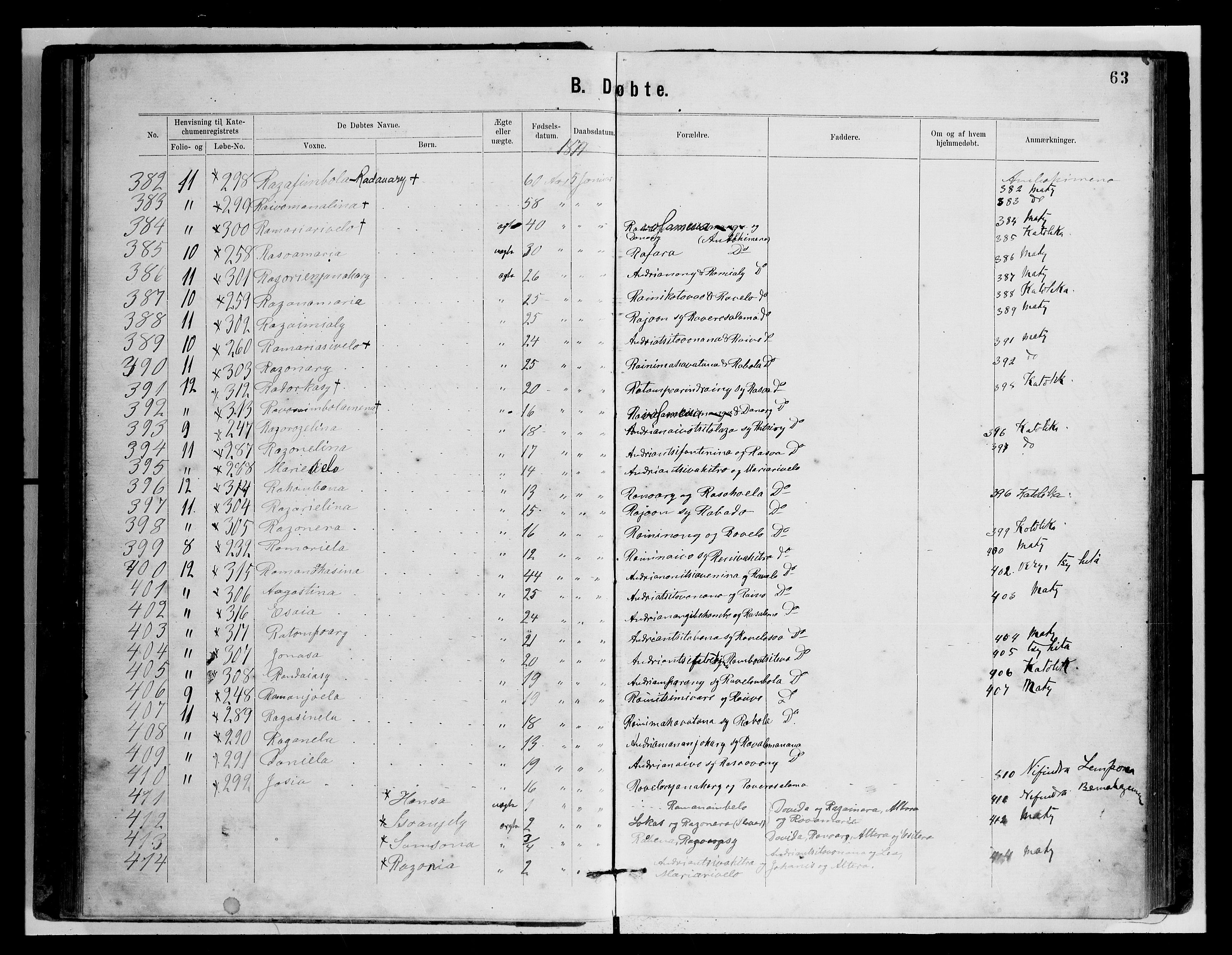 Archives FLM/NMS, Madagaskar, VID/MA-A-1163/D/Db/L0269: Parish register (official) no. 1, 1867-1884, p. 63