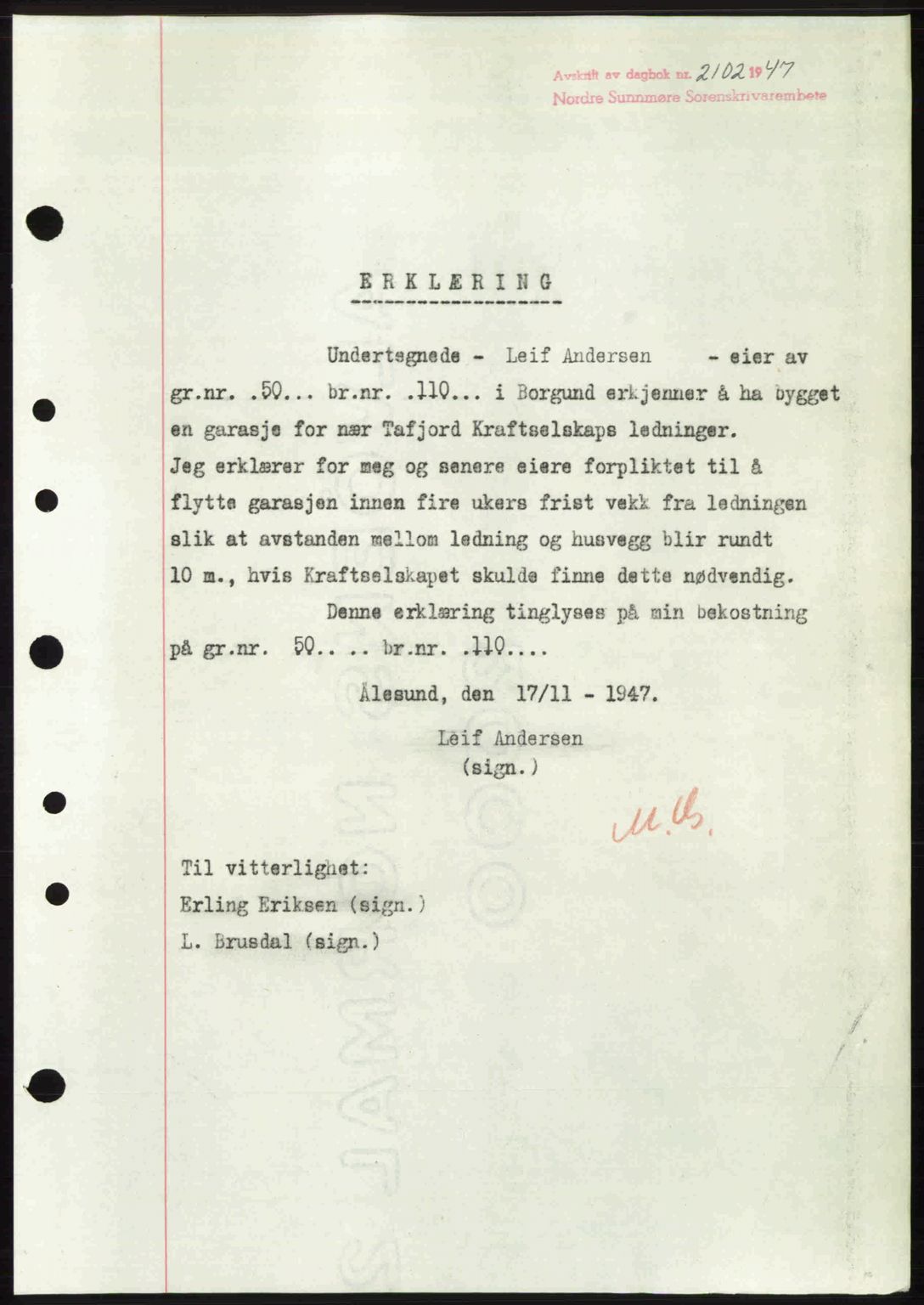 Nordre Sunnmøre sorenskriveri, AV/SAT-A-0006/1/2/2C/2Ca: Mortgage book no. A26, 1947-1948, Diary no: : 2102/1947