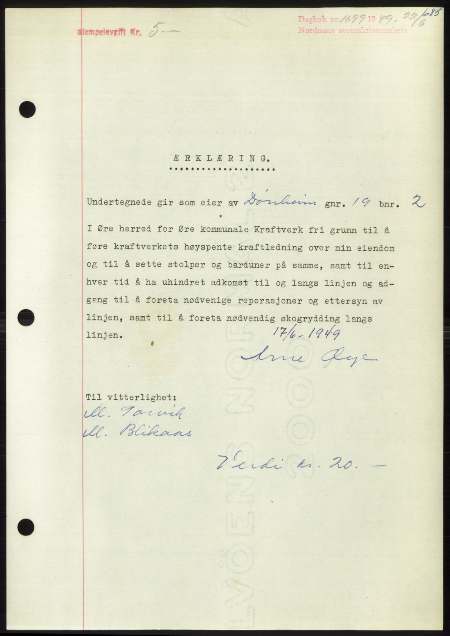 Nordmøre sorenskriveri, AV/SAT-A-4132/1/2/2Ca: Mortgage book no. B101, 1949-1949, Diary no: : 1699/1949