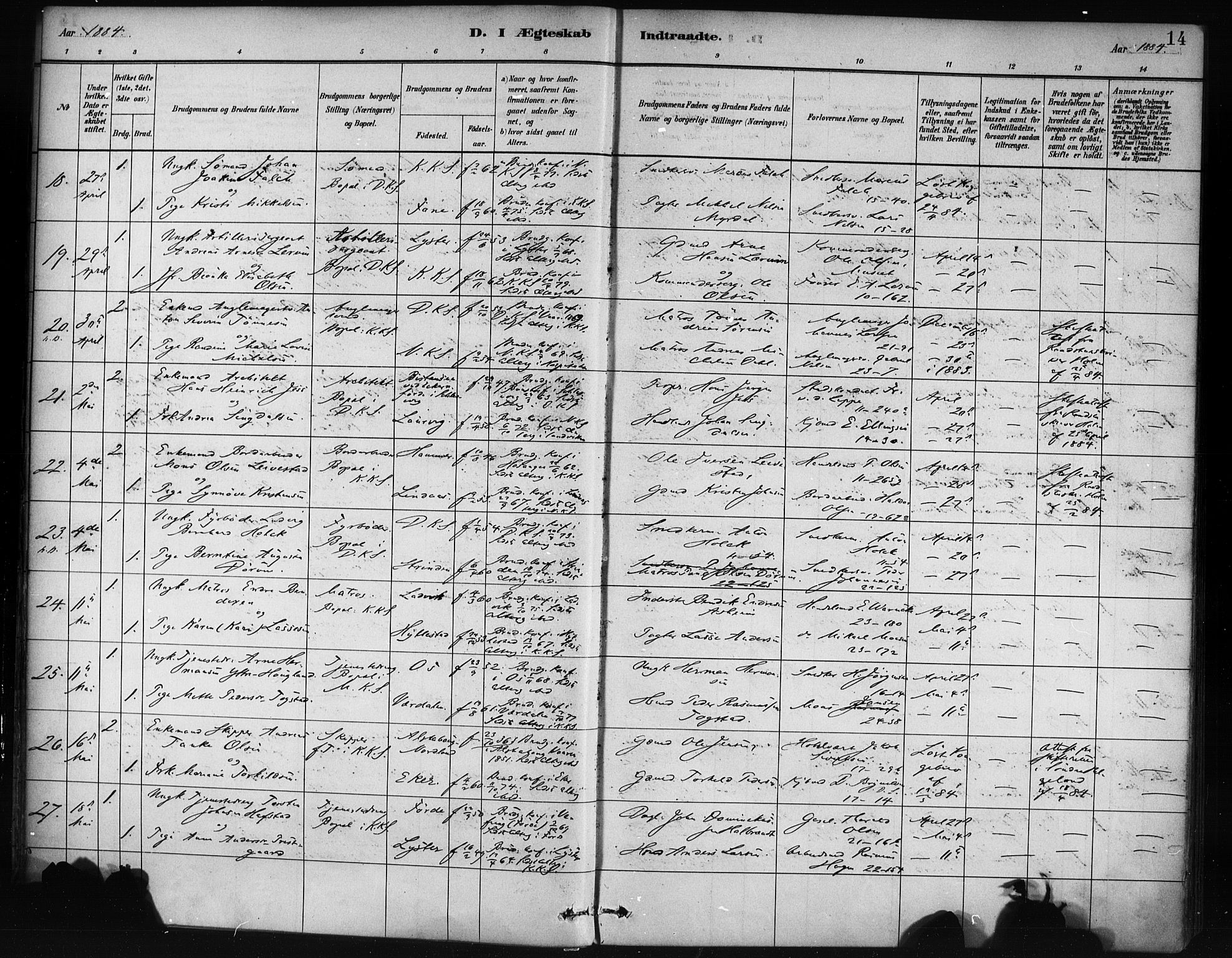 Korskirken sokneprestembete, AV/SAB-A-76101/H/Haa/L0037: Parish register (official) no. D 4, 1883-1904, p. 14