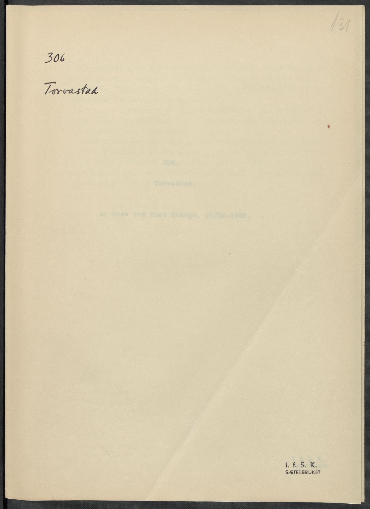 Instituttet for sammenlignende kulturforskning, AV/RA-PA-0424/F/Fc/L0009/0002: Eske B9: / Rogaland (perm XXIII), 1932-1938, p. 131