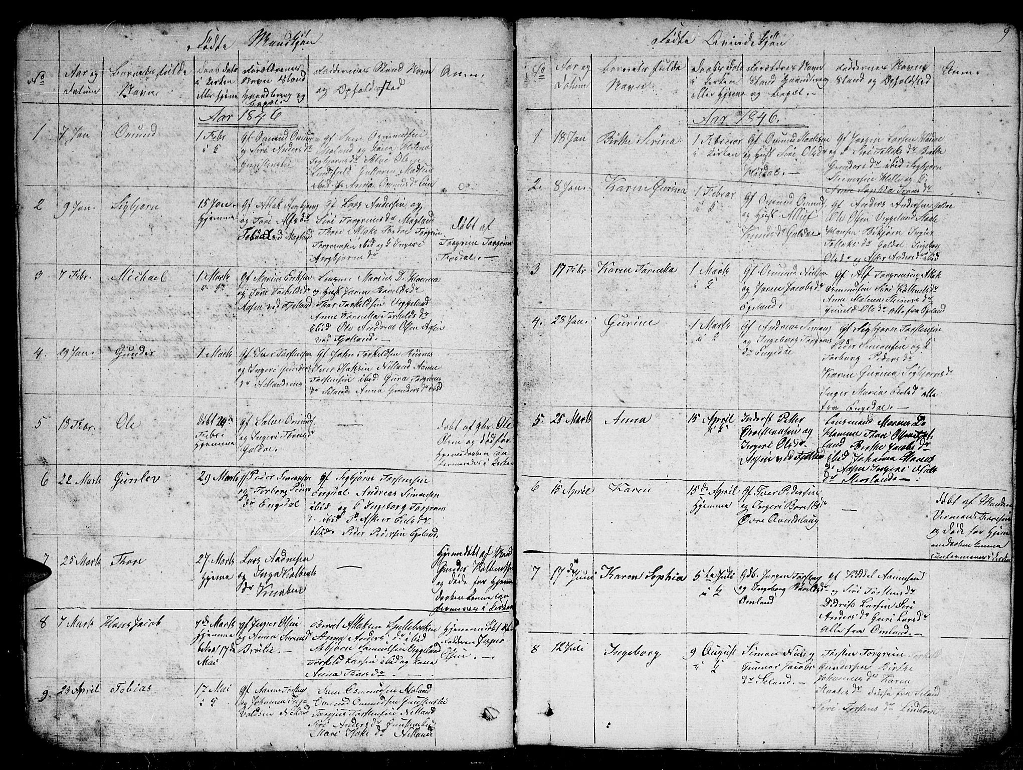 Fjotland sokneprestkontor, AV/SAK-1111-0010/F/Fb/L0002: Parish register (copy) no. B 2, 1841-1871, p. 9