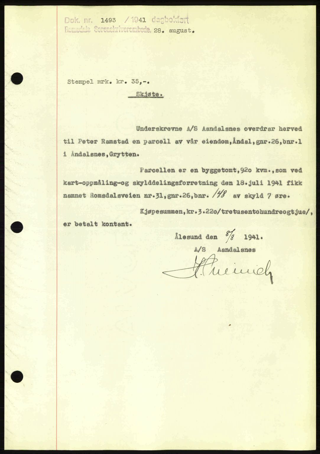 Romsdal sorenskriveri, AV/SAT-A-4149/1/2/2C: Mortgage book no. A10, 1941-1941, Diary no: : 1493/1941