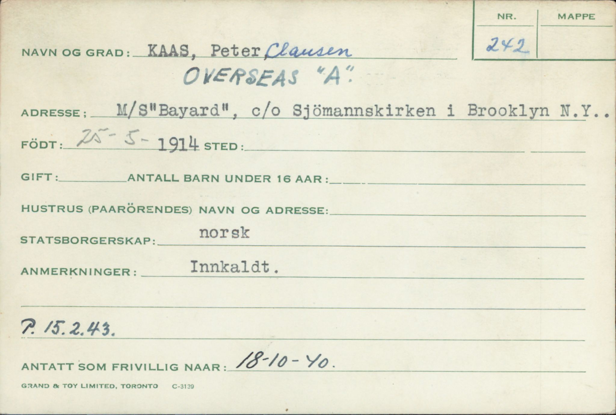 Forsvaret, Forsvarets overkommando/Luftforsvarsstaben, RA/RAFA-4079/P/Pa/L0036: Personellpapirer, 1914, p. 707