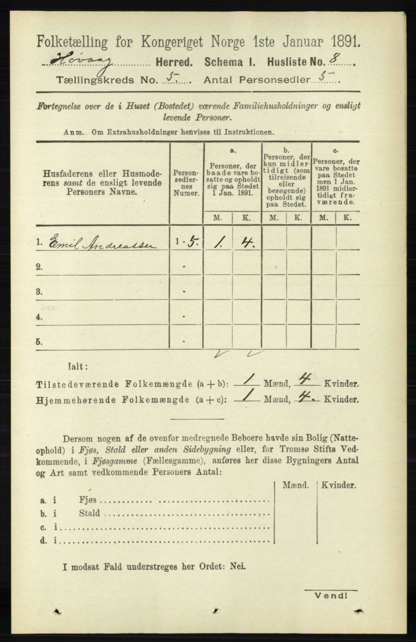 RA, 1891 census for 0927 Høvåg, 1891, p. 1793