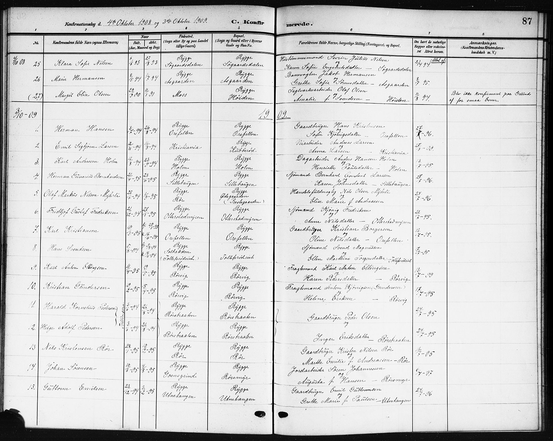 Rygge prestekontor Kirkebøker, AV/SAO-A-10084b/G/Ga/L0003: Parish register (copy) no. 3, 1906-1921, p. 87