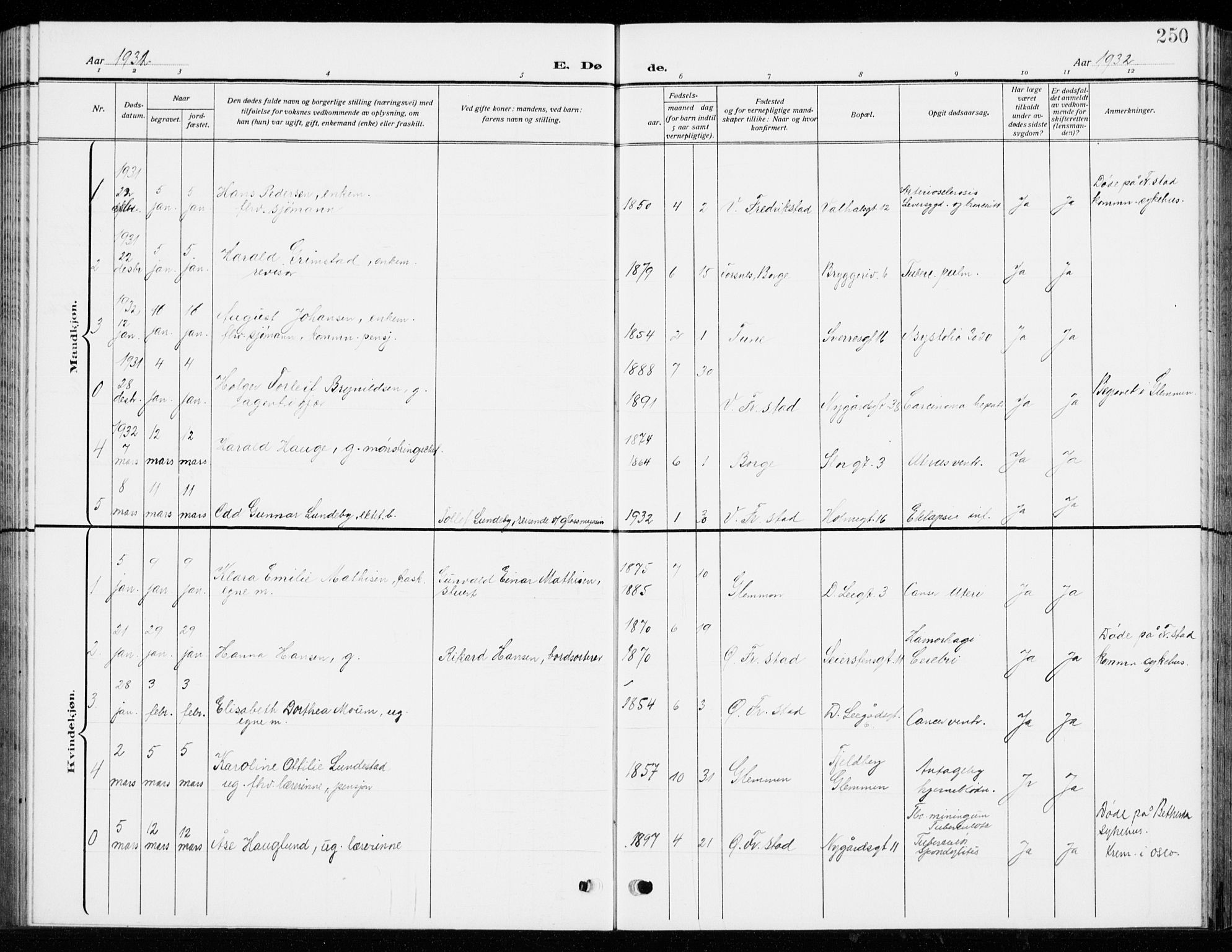 Fredrikstad domkirkes prestekontor Kirkebøker, SAO/A-10906/G/Ga/L0004: Parish register (copy) no. 4, 1910-1944, p. 250