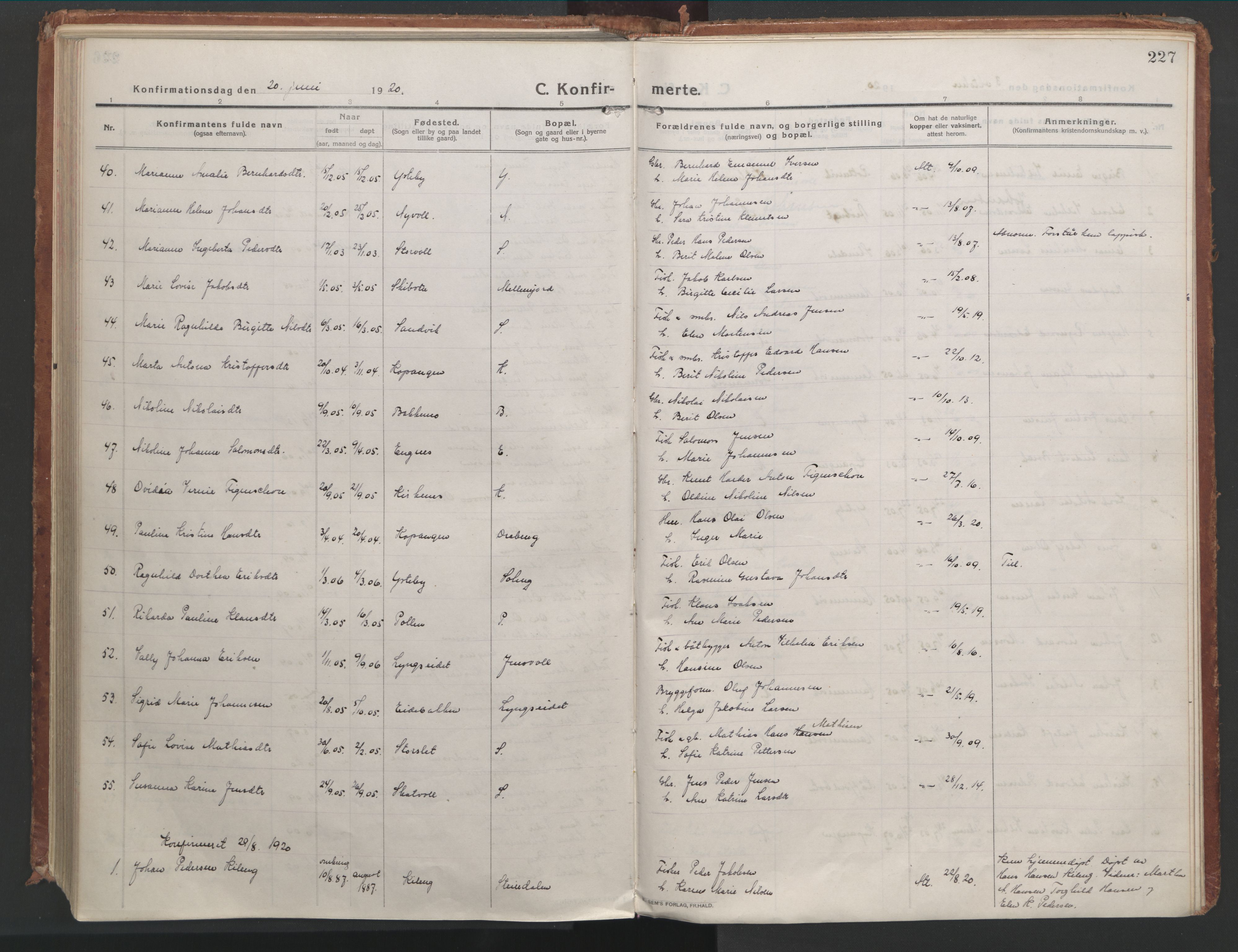 Lyngen sokneprestembete, AV/SATØ-S-1289/H/He/Hea/L0012kirke: Parish register (official) no. 12, 1914-1923, p. 227