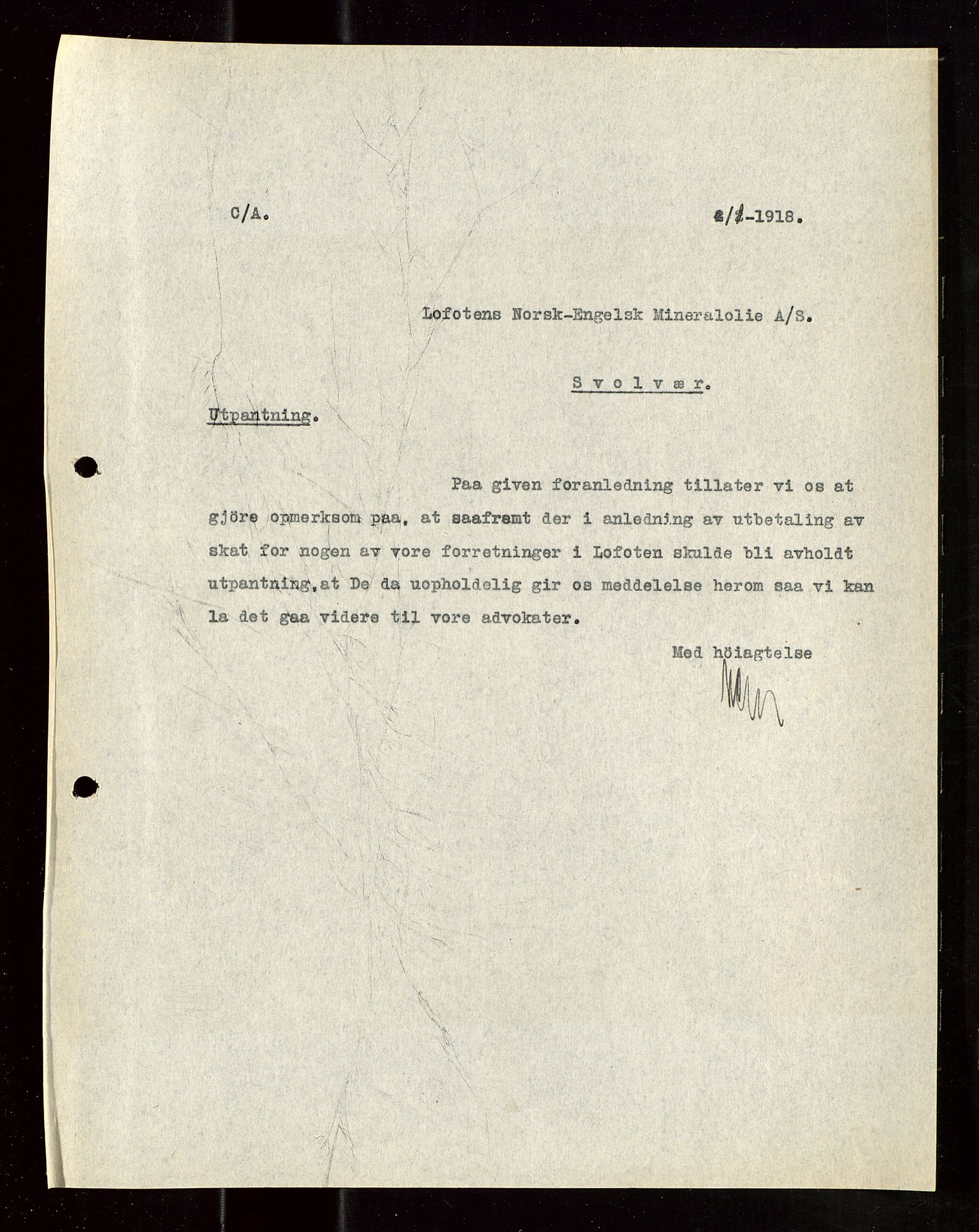 Pa 1521 - A/S Norske Shell, AV/SAST-A-101915/E/Ea/Eaa/L0022: Sjefskorrespondanse, 1918, p. 74