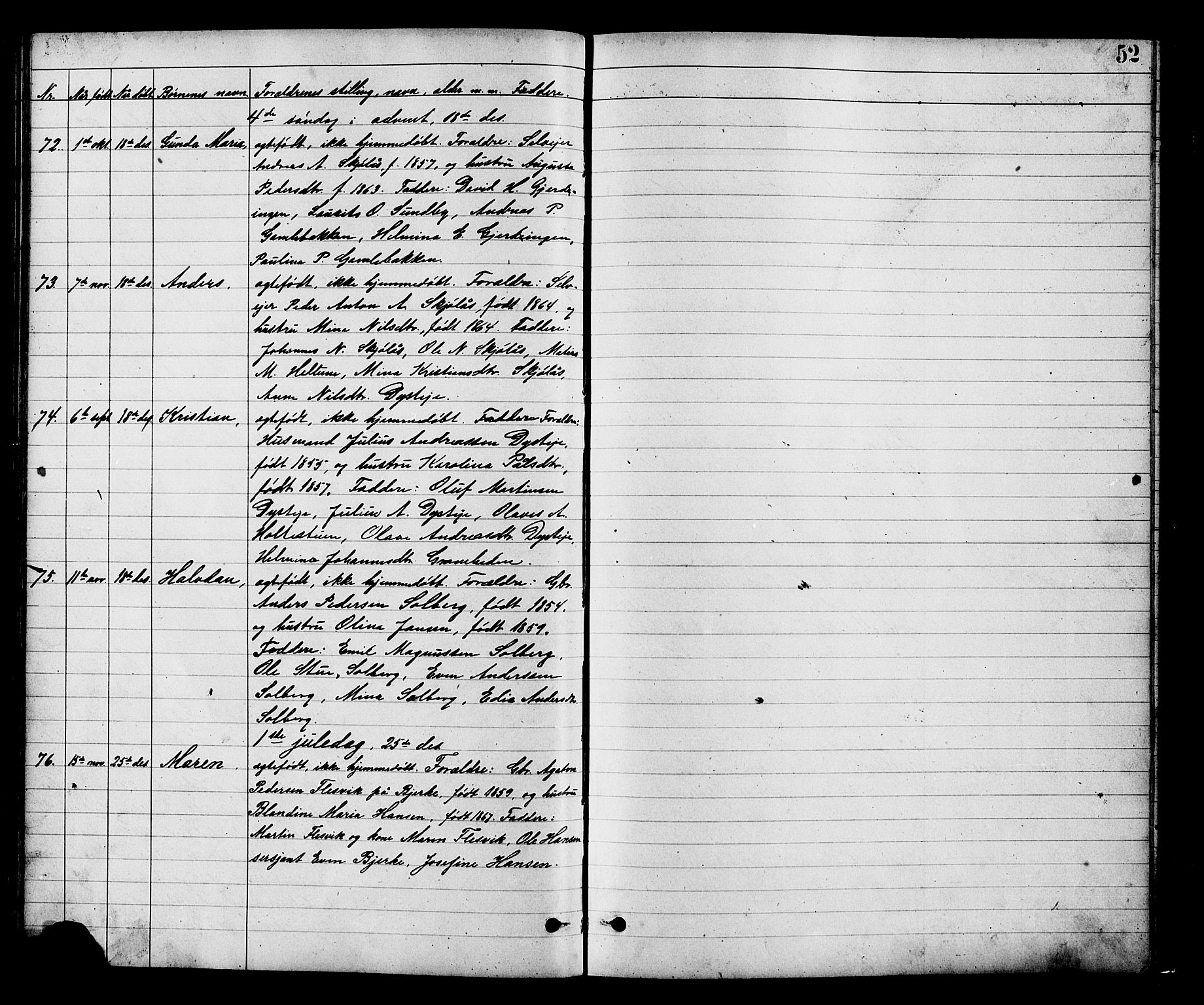 Vestre Toten prestekontor, SAH/PREST-108/H/Ha/Hab/L0008: Parish register (copy) no. 8, 1885-1900, p. 52