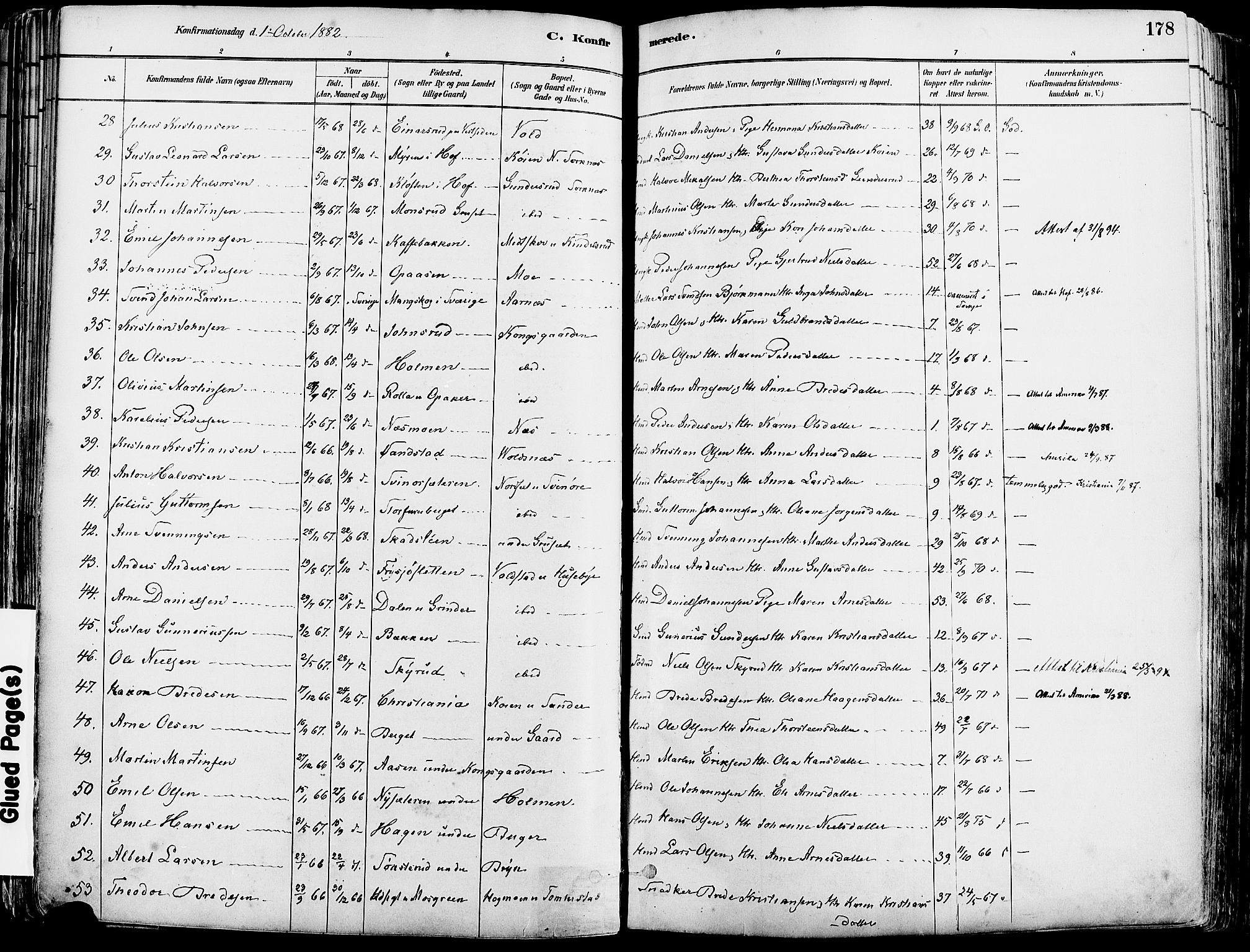 Grue prestekontor, SAH/PREST-036/H/Ha/Haa/L0012: Parish register (official) no. 12, 1881-1897, p. 178