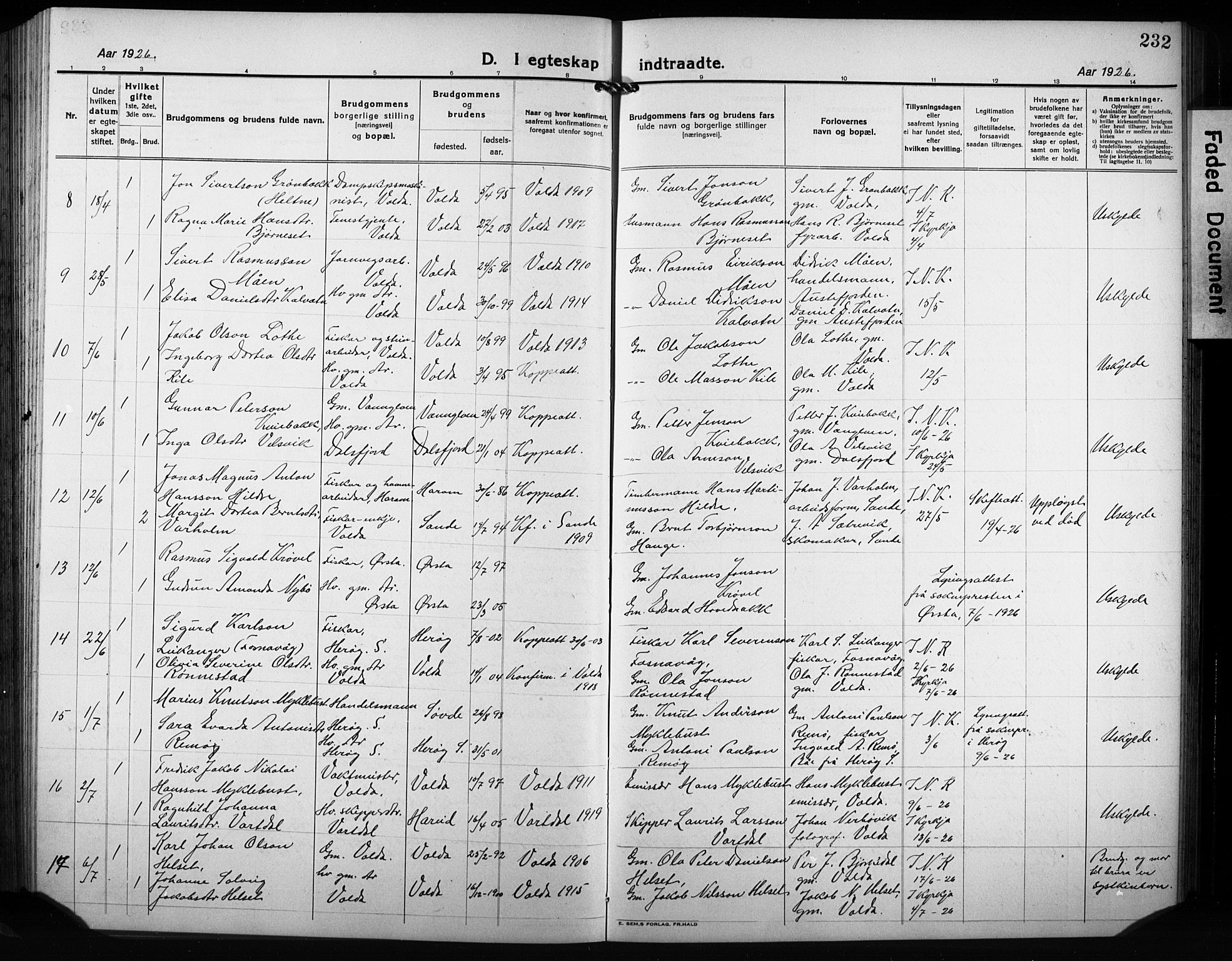 Ministerialprotokoller, klokkerbøker og fødselsregistre - Møre og Romsdal, AV/SAT-A-1454/511/L0160: Parish register (copy) no. 511C06, 1920-1932, p. 232