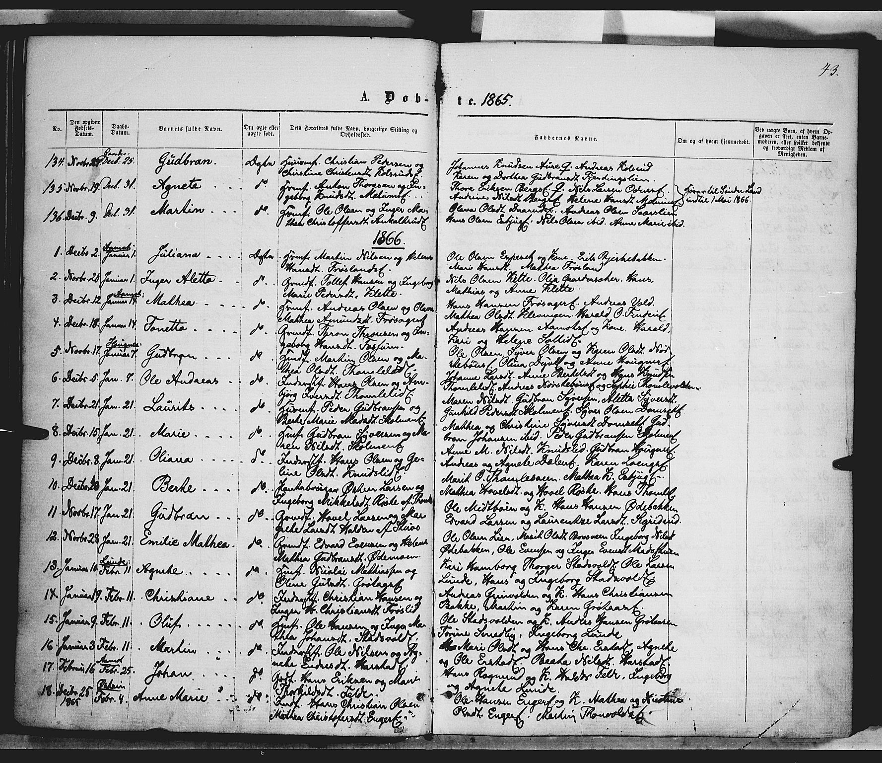 Nordre Land prestekontor, AV/SAH-PREST-124/H/Ha/Haa/L0001: Parish register (official) no. 1, 1860-1871, p. 43